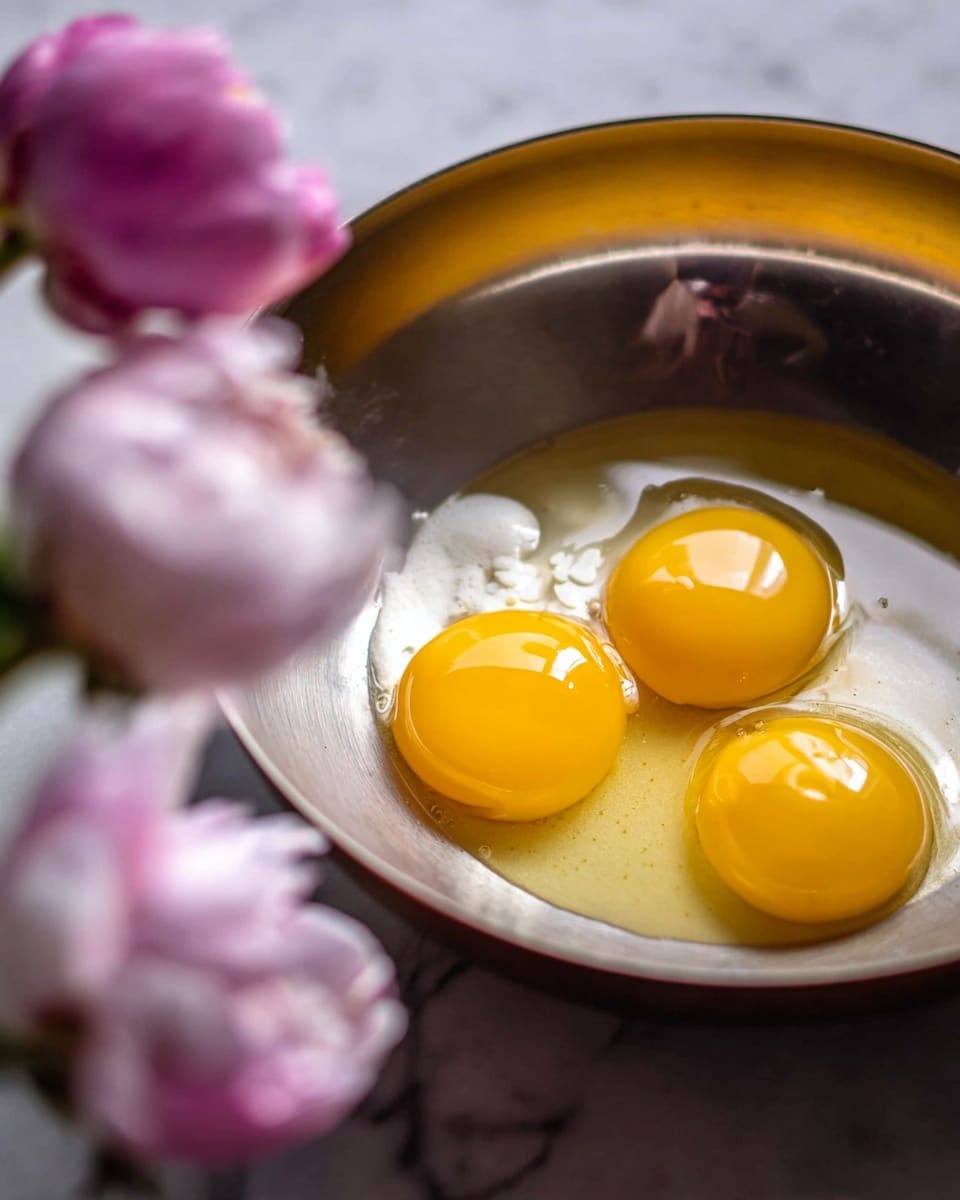A close-up of three bright yellow egg yolks and some clear egg whites lying together in a shiny metal pan, with smooth reflections on the pan surface that show the light source. In the foreground, there is a blurred pink and white flower and a blurred woman’s hand at the top left corner, both out of focus. The pan is on a white marbled surface. photo taken with an iphone --ar 4:5 --v 7