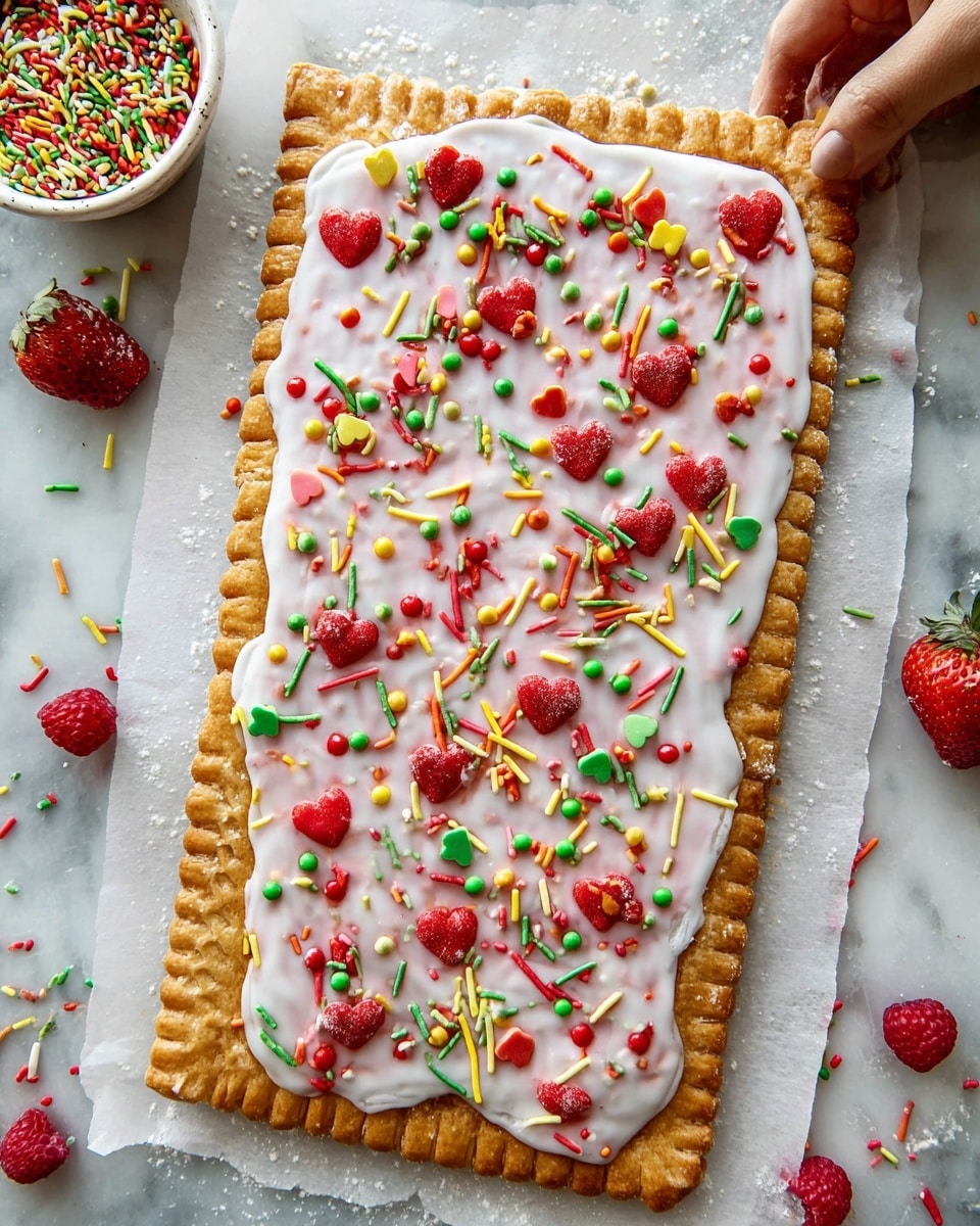 A large rectangular pastry with a light golden brown crust that has a patterned edge pressed with a fork. The top is covered with a smooth, white icing layer that spreads unevenly close to the edges, and it is decorated with colorful sprinkles including small red hearts, green beads, yellow dots, and long, thin sprinkles in red, green, and yellow. There is a white marbled surface underneath, with a white bowl at the top edge filled with extra sprinkles and a woman's hand reaching from the top right side. A couple of fresh strawberries and raspberries are scattered around the pastry. photo taken with an iphone --ar 4:5 --v 7