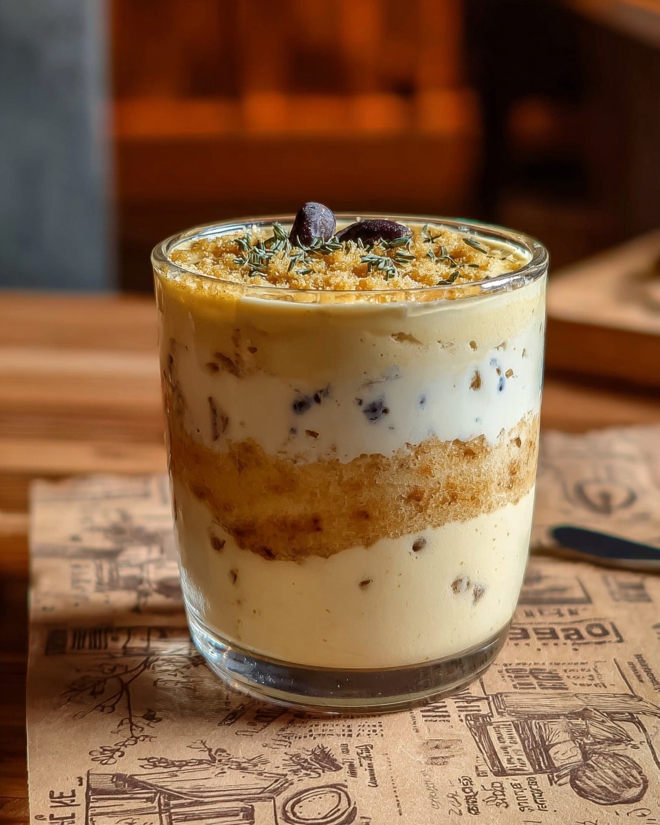 A clear glass filled with a creamy yellow dessert that shows multiple layers, including a smooth white base and a thick yellow layer on top with a slightly browned texture. There are two sliced grapes placed on top for decoration, and small green herb leaves scattered on the surface. A wooden spoon rests inside the glass, placed on a white marbled texture. The glass contains some small dark berries mixed into the creamy layers. The photo taken with an iphone --ar 4:5 --v 7