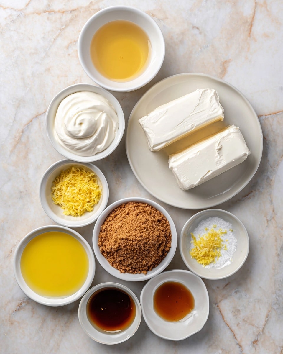 The image shows an overhead view of various ingredients arranged on a white marbled surface. At the center right is a white plate holding two large blocks of soft white cream cheese with smooth texture. Surrounding it are eight small white bowls: one bowl contains smooth whipped cream, another holds a light yellow liquid, and a third has a golden brown syrupy liquid. There is also a small bowl with bright yellow lemon zest, a bowl filled with fine golden brown graham cracker crumbs, a bowl with melted yellow butter, a small bowl with a dark amber liquid, and a tiny bowl with a small amount of pale yellow lemon zest. The overall tone is clean and organized with neutral colors and contrasting textures. Photo taken with an iphone --ar 4:5 --v 7