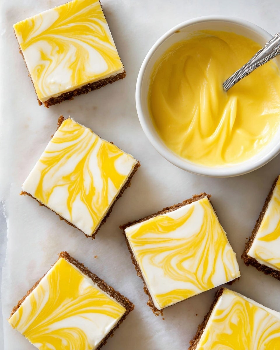 The image shows several square dessert bars arranged on a white marbled surface. Each bar has two layers: the bottom layer is brown and looks crumbly, likely a cookie or graham cracker crust, and the top layer is creamy white with bright yellow swirls mixed in, giving a marbled effect. The swirls create a flowing pattern over the smooth white top. In the corner of the photo, a white bowl is filled with bright yellow cream, with a silver spoon resting inside it, suggesting the yellow swirls came from this. The photo focuses on the bars at an angle from above. photo taken with an iphone --ar 4:5 --v 7