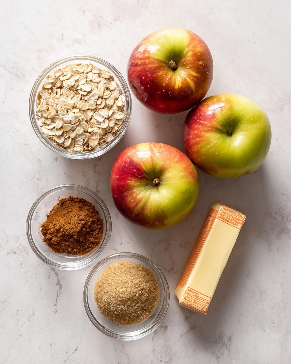 The image shows four shiny apples with a mix of red, yellow, and green colors arranged in the center on a white marbled surface. Around the apples, there are three small clear glass bowls: one bowl at the top filled with light brown rolled oats, one bowl at the bottom right filled with light brown sugar, and one bowl at the bottom left filled with dark brown cinnamon powder. To the right of the apples is a stick of pale yellow butter with orange measurements on the wrapper. The scene is bright and clean, with a soft natural light. Photo taken with an iphone --ar 4:5 --v 7