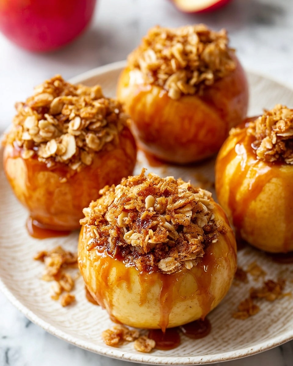 The image shows a close-up of four baked apples on a white plate with a light textured pattern, placed on a white marbled surface. Each apple is golden-brown, soft, and slightly wrinkled, with a thick crunchy granola topping in shades of brown and tan sitting in the hollowed center. The granola looks crispy and chunky, with visible oats and small nuts. A shiny caramel sauce is drizzled over both the granola topping and the apples, creating a sticky, glossy effect with rich amber hues that cascade down the sides of the apples. In the background, a red apple, halved, is partly visible but blurred. Photo taken with an iphone --ar 4:5 --v 7