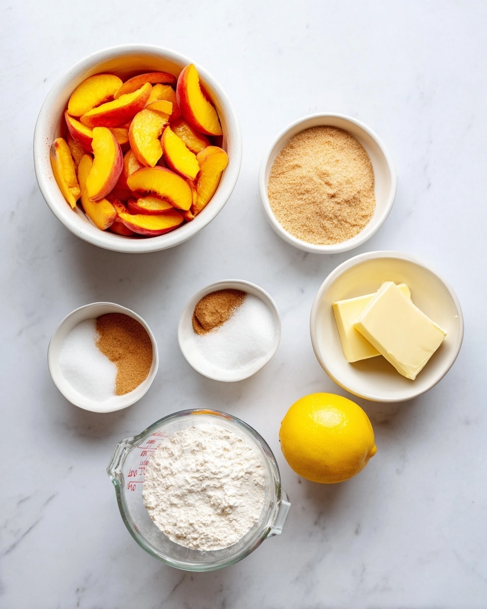 A white bowl filled with bright orange and yellow sliced peaches sits at the top left on a white marbled surface. Surrounding it are several smaller white bowls containing light brown sugar, white flour, a mix of salt and cinnamon, and another white powdered ingredient. Below these, a whole yellow lemon and a clear glass measuring cup with two thick blocks of pale yellow butter are placed. The overall scene is clean, bright, and organized, showing all the raw ingredients needed to make a peach dessert. Photo taken with an iphone --ar 4:5 --v 7