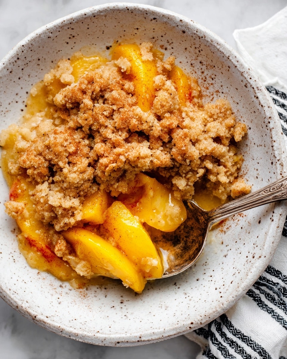 A white speckled bowl contains a peach crumble dessert with two main layers: the bottom layer shows soft, sliced yellow-orange peaches covered in a shiny, syrupy glaze, while the top layer has a thick, crumbly topping in light brown with a slightly rough texture and hints of cinnamon dusted over it. A silver spoon rests on the edge of the bowl, scooping some crumble and peaches, and the bowl sits on a white marbled surface with a striped cloth nearby. photo taken with an iphone --ar 4:5 --v 7