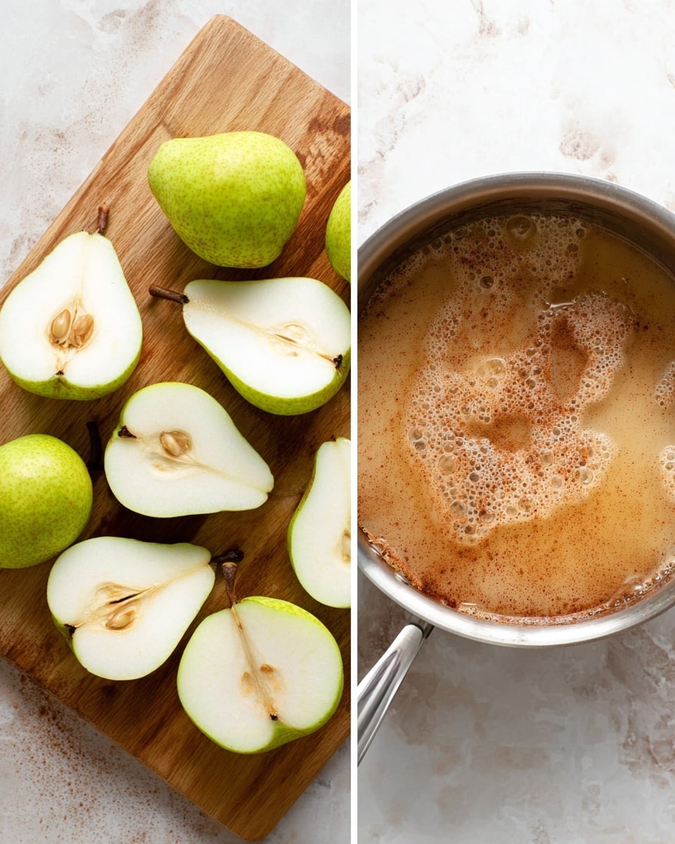 The image shows two parts: on the left, there is a wooden board on a white marbled surface with eight green pears cut in half, exposing their white inside and hollow centers where the seeds were removed, some stems still attached. On the right is a stainless steel pan filled with a light brown liquid with powdery cinnamon sprinkled on top, with slight bubbles and steam visible. photo taken with an iphone --ar 4:5 --v 7