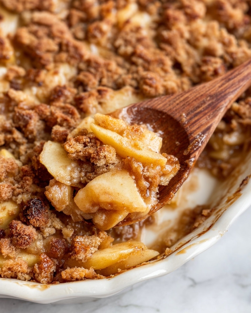 The image shows a close-up of a cooked apple crumble in a white dish, with visible layers of soft, thin apple slices mixed with cinnamon and sugar, creating a light golden-brown color with some darker caramelized parts. On top is a textured crumb layer made of small, uneven chunks of baked, golden-brown crumble with a slightly crunchy look. A wooden spoon is scooping up a portion, showing the mix of tender apples and crispy crumble together, all set against a white marbled surface. photo taken with an iphone --ar 4:5 --v 7