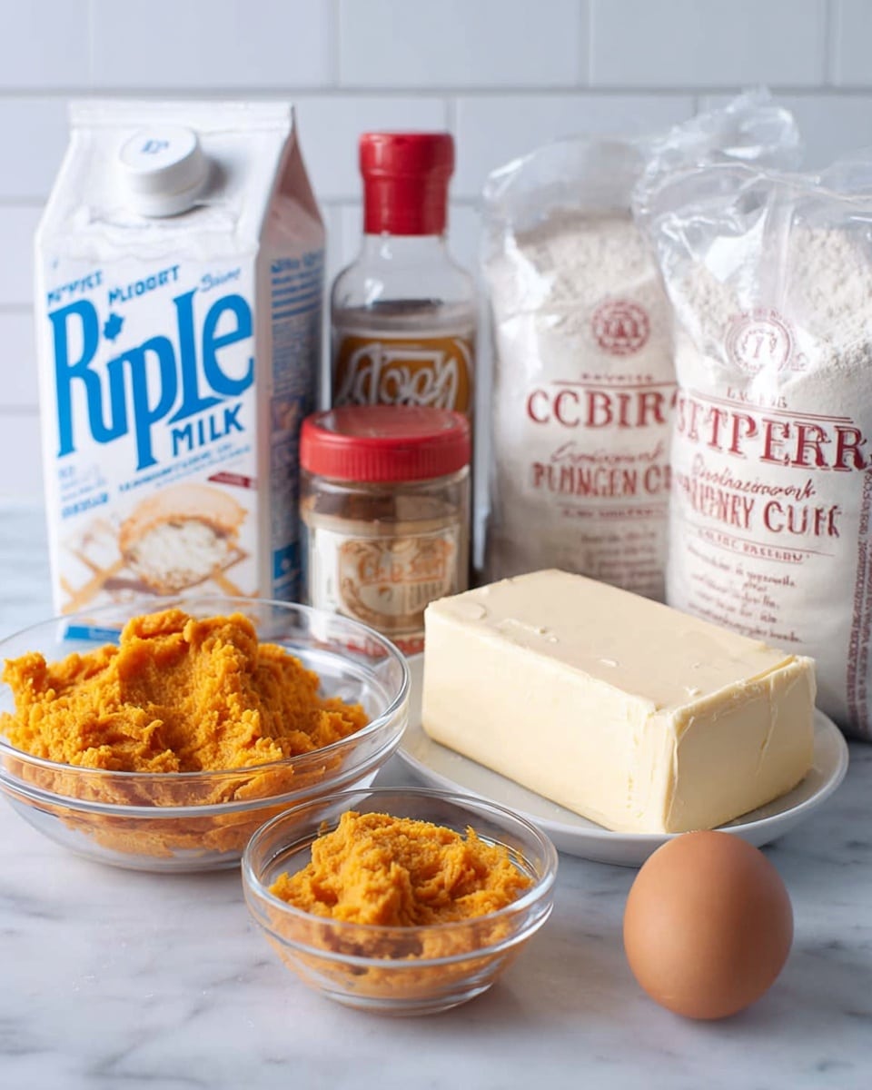 This image shows a collection of baking ingredients arranged on a white marbled surface with a white tiled background. In the front center, there is a small clear glass bowl filled with bright orange pumpkin puree. To the right, a white plate holds a block of butter and a single brown egg. Behind them, a clear spice jar with a red lid and a spice bottle labeled cinnamon sit next to a container of Clabber Girl baking powder. Further back, a large white carton of Ripple plant-based milk is on the left side. On the right, there are two bags of flour and sugar in paper and plastic packaging with visible brand names. The items are all placed close together, showcasing the variety of ingredients needed for baking. photo taken with an iphone --ar 4:5 --v 7