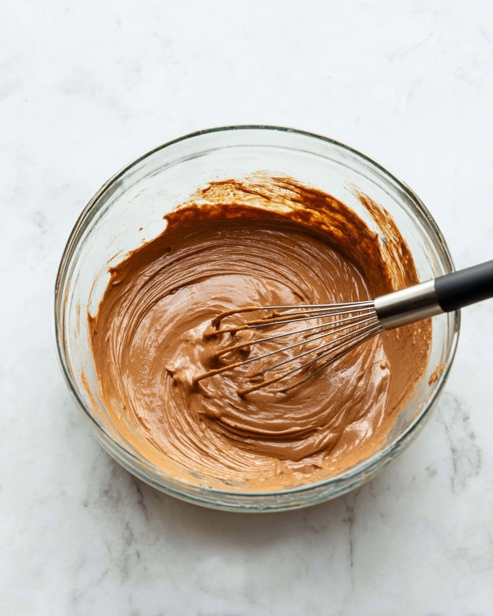 A clear glass bowl sits on a white marbled surface, filled with smooth, light brown chocolate batter. The batter has a creamy and thick texture, swirling gently around a metal whisk with a black handle resting inside the bowl. The sides of the bowl have some batter spread lightly, showing the mixing motion. The lighting highlights the glossy surface of the batter and the transparent details of the glass bowl, creating a fresh and clean look. photo taken with an iphone --ar 4:5 --v 7