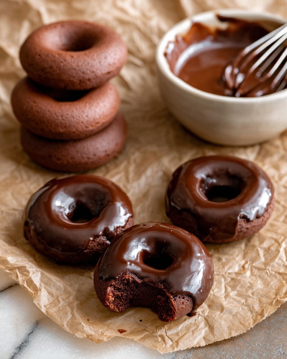 Five small chocolate donuts with a shiny chocolate glaze sit on crumpled brown paper over a white marbled surface. Three donuts are plain and matte with a soft texture, placed together on the left side, one stacked slightly on another. Two donuts have a glossy chocolate glaze, with one glazed donut in the front showing a bite taken, revealing a soft dark brown interior. In the background on the right, there is a white bowl filled with chocolate glaze and a metal whisk resting inside it. photo taken with an iphone --ar 4:5 --v 7
