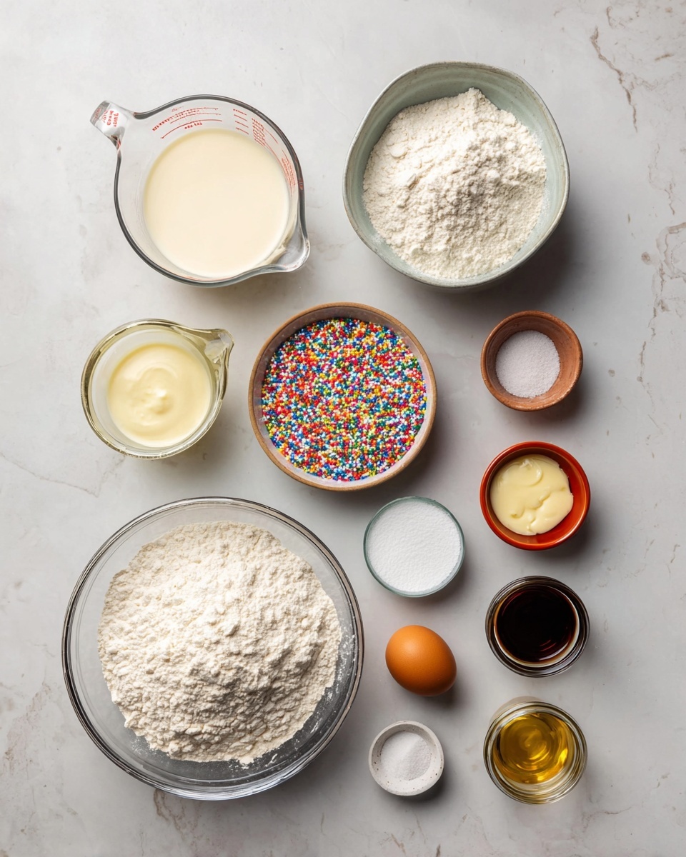 The image shows a collection of baking ingredients laid out on a white marbled surface. There are nine containers with different items: a large glass bowl with white flour is at the bottom left; above it, a light grey bowl filled with powdered sugar; a clear measuring cup with cream-colored liquid is at the top left; next to it is a small glass jar with a light beige liquid; a small brown bowl with colorful rainbow sprinkles sits near the center; a small white dish holds white baking powder and salt; a small terracotta bowl contains an orange-brown egg; a small glass jar holds a creamy beige substance; and a small dark glass container has dark brown vanilla extract. The setup is simple and organized, with a top-down view and no extra decorations. Photo taken with an iphone --ar 4:5 --v 7
