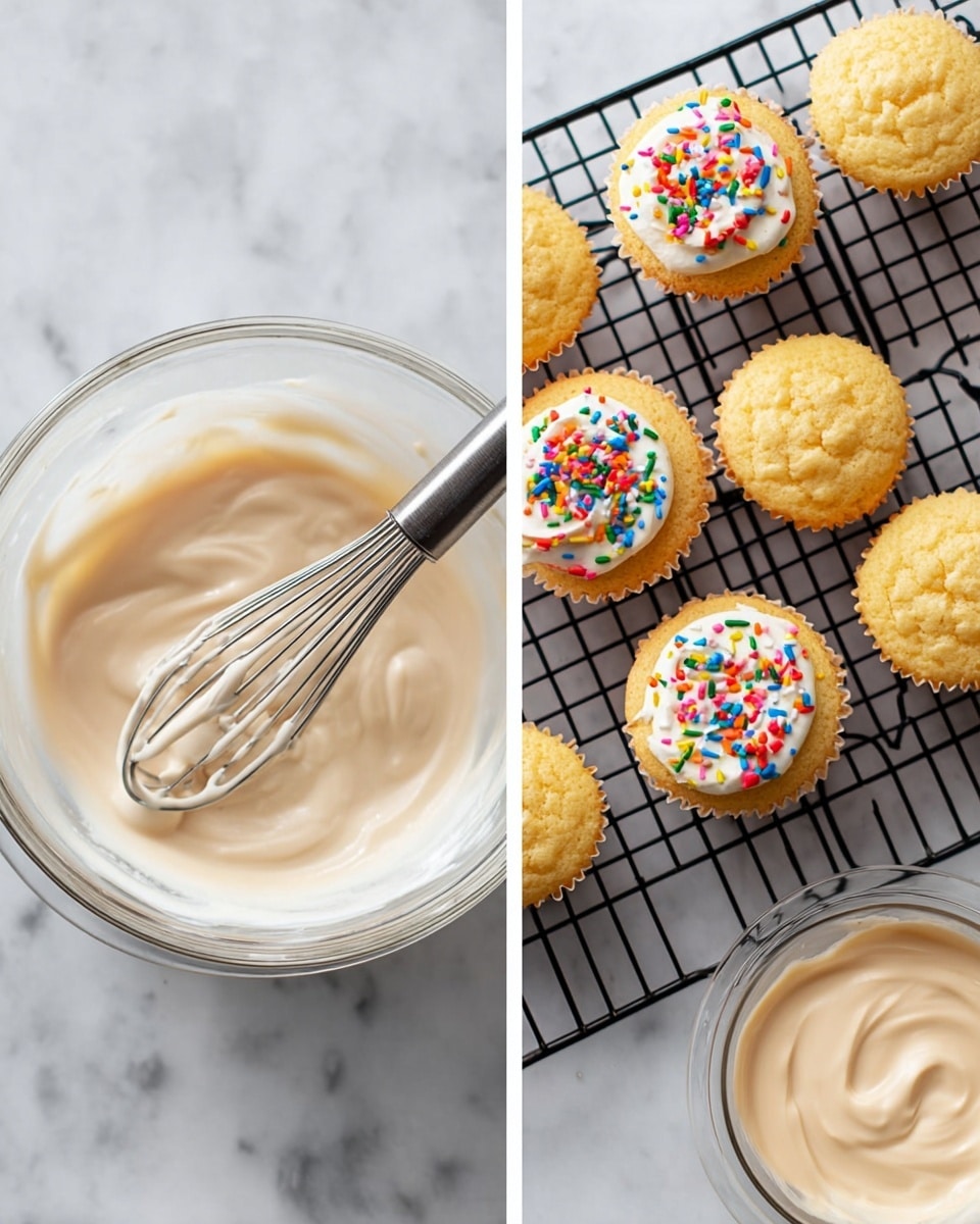 The image shows two parts: on the left, there is a clear glass bowl filled with smooth light beige icing, with a metal whisk resting inside the bowl on a white marbled surface. On the right, there is a black cooling rack on top of a white marbled surface holding nine small yellow cupcakes, three of which are topped with white icing and colorful sprinkles in shades of red, blue, green, yellow, orange, and purple, creating a bright contrast. A partial view of another glass bowl with light beige icing appears at the bottom right corner. photo taken with an iphone --ar 4:5 --v 7