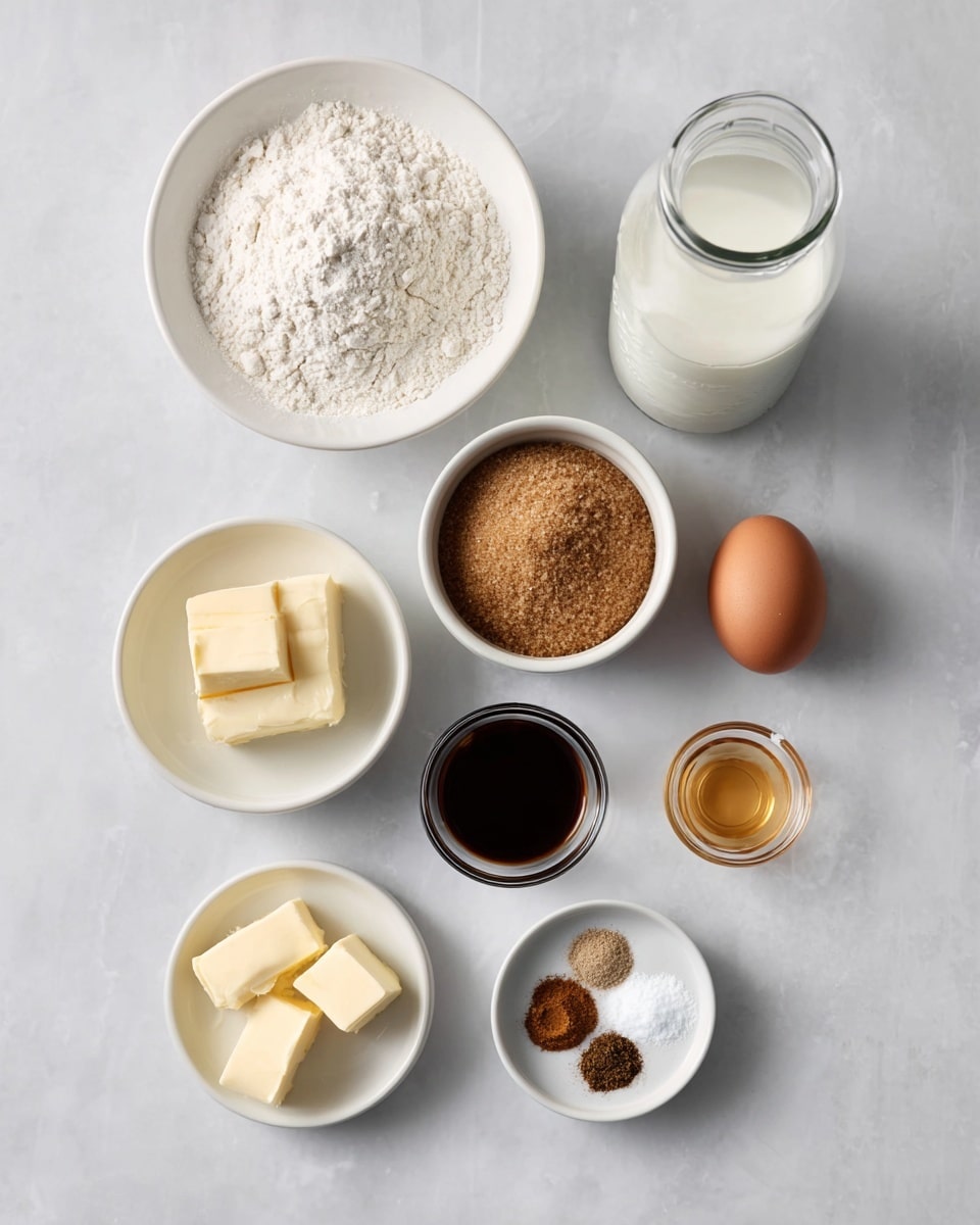 Seven white bowls and a brown egg are placed on a white marbled surface. The largest bowl at the top contains white flour with a soft, powdery texture. To the right, a tall glass jar holds white milk. Below the jar, a white bowl is filled with light brown, granulated sugar. At the bottom right, a small white bowl contains several piles of spices and white powdered baking ingredients, showing a mix of brown, light brown, and white colors. On the bottom left is a white bowl with three chunks of pale yellow butter. Above it is a small white pitcher filled with a dark liquid, most likely molasses or syrup. In the center sits a brown egg, and next to it, a small clear glass bowl holds a light amber liquid. The arrangement is neat and evenly spaced, with soft, natural lighting. Photo taken with an iphone --ar 4:5 --v 7