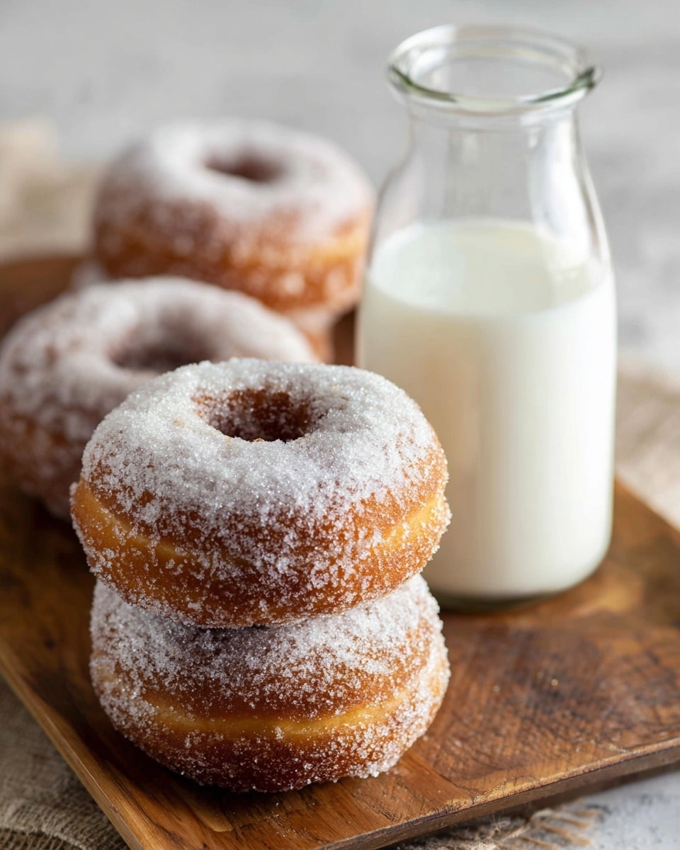 The image shows a stack of two round, golden-brown doughnuts covered with a thick layer of white sugar crystals on top, placed at the front on a wooden tray. Behind this stack, there are two more doughnuts lying flat on the tray. On the right side of the doughnuts, a clear glass bottle filled halfway with white milk is visible. The whole scene is set on a white marbled surface, creating a clean and soft background. photo taken with an iphone --ar 4:5 --v 7