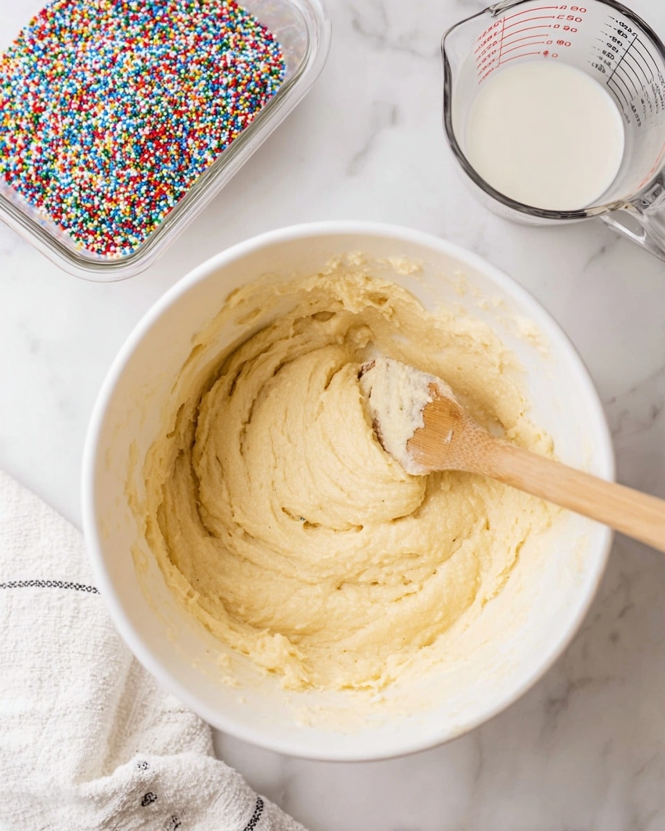 A white mixing bowl filled with pale yellow cake batter that looks smooth and thick is in the center of the image. A light wooden spatula is resting inside the bowl, partially covered with the batter. In the top left, there is a clear container filled with colorful round sprinkles, mainly red, blue, green, yellow, and white. To the top right, a clear measuring cup with black measurement markings contains a small amount of white liquid. The scene is set on a white marbled surface with a white and grey striped cloth partially visible at the bottom left. Photo taken with an iphone --ar 4:5 --v 7