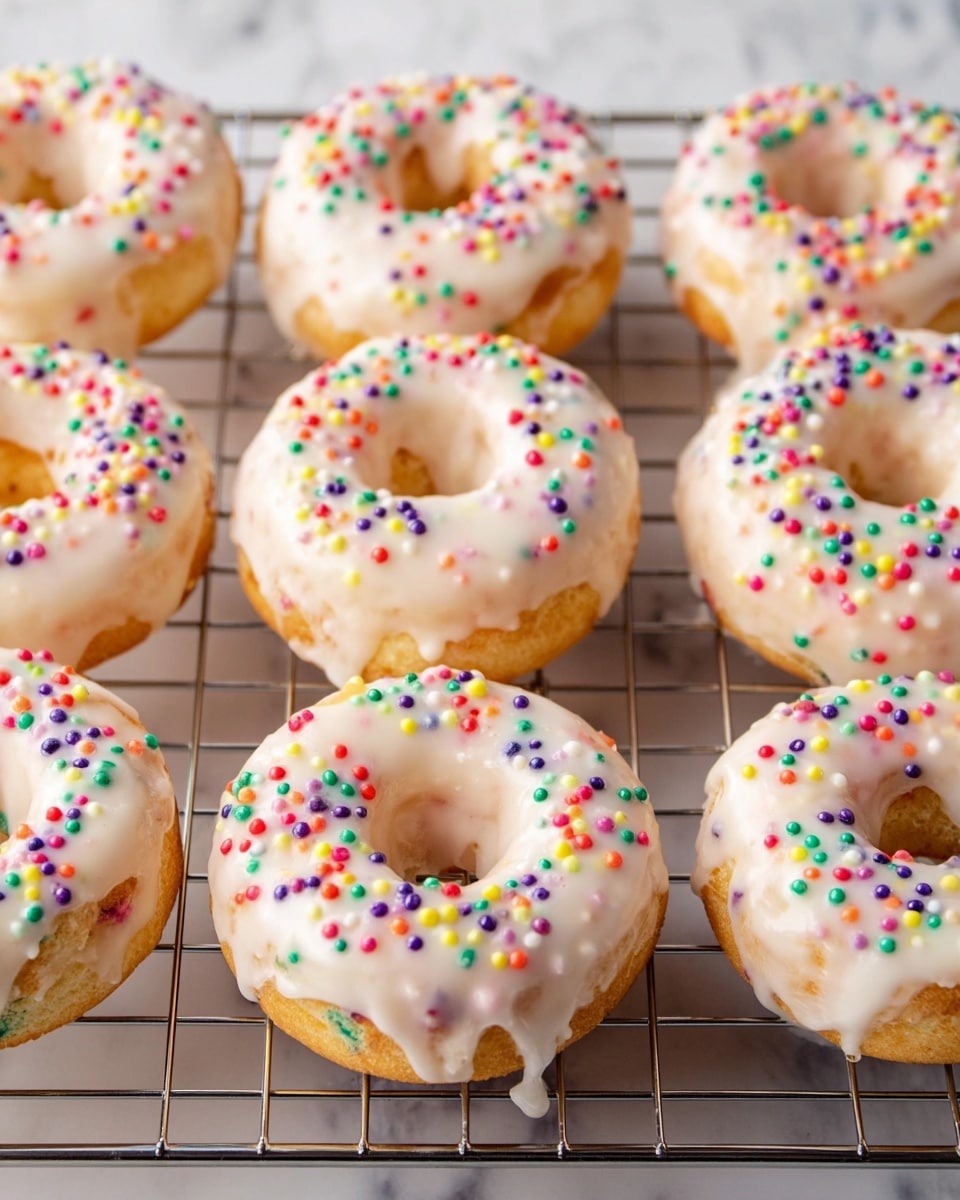 The image shows seven round donuts with a hole in the middle placed on a metal cooling rack over a white marbled surface. Each donut has a light golden-brown base with small colorful bits baked in. They are covered with a smooth white glaze that looks slightly shiny and drips on the edges. On top of the glaze, there are many small round sprinkles in bright colors like red, green, purple, yellow, and blue, spread evenly on each donut. The overall look is fresh and festive. photo taken with an iphone --ar 4:5 --v 7