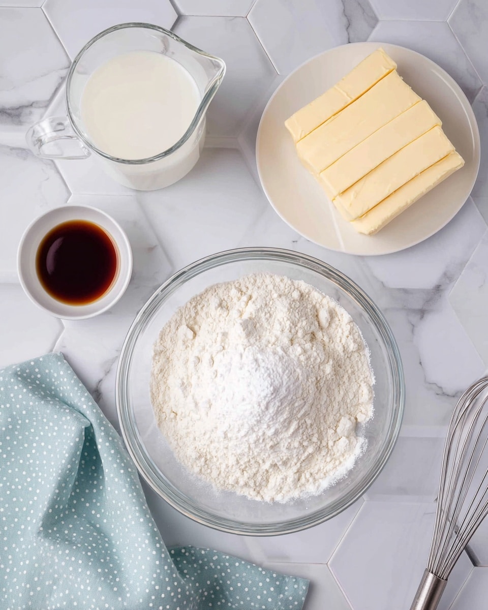 The image shows a flat lay of baking ingredients arranged on a white marbled surface with hexagonal patterns. In the center, there is a clear glass bowl filled with white flour that has a small mound of baking powder or baking soda on top, showing a powdery texture. Above the bowl to the right, there is a white plate holding four pale yellow sticks of butter neatly stacked. To the left of the butter, there is a clear glass measuring cup filled with milk that has a slightly creamy color. Below the milk, a small white bowl contains dark brown vanilla extract with a smooth surface. A light blue cloth with white dots is draped softly on the bottom left corner. A silver metal whisk lies at the bottom right, partially visible, adding to the baking preparation vibe. Photo taken with an iphone --ar 4:5 --v 7