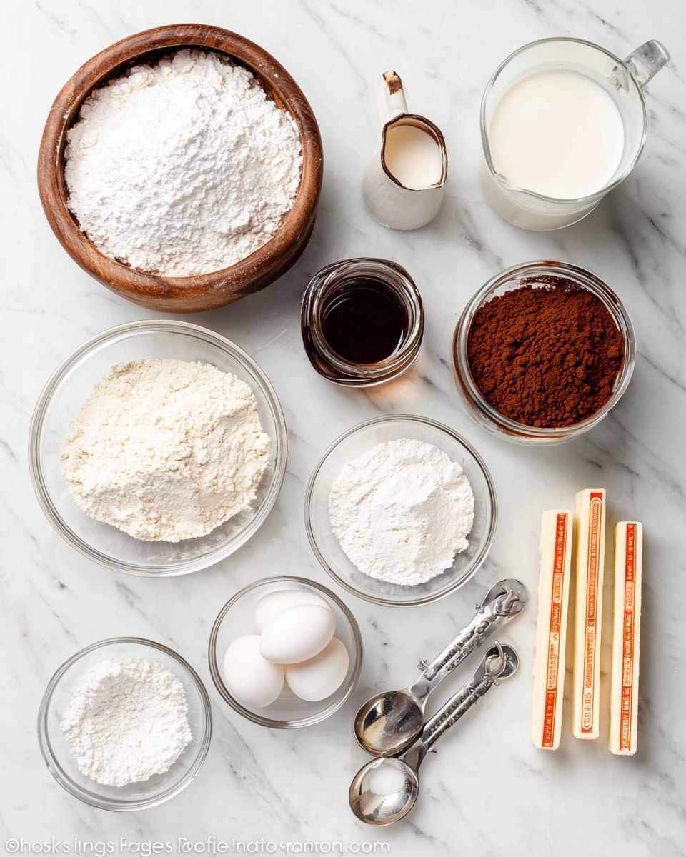 The image shows a flat lay of baking ingredients arranged on a white marbled surface. There is a wooden bowl filled with white powdered sugar at the top left, a clear glass bowl with white flour just below it, and a small jar with dark brown vanilla extract in the center. To the top right, there is a small glass pitcher with milk. Next to the vanilla extract jar, there is a glass container filled with cocoa powder with a white spoon resting inside. Below these, there is a small clear measuring cup with water, a clear bowl holding two white eggs, and a glass bowl with white sugar at the bottom left. Two sticks of butter wrapped in orange and white paper lie on the right side. Two metal measuring spoons with white and off-white powders are placed diagonally in the lower left area. The photo taken with an iphone --ar 4:5 --v 7