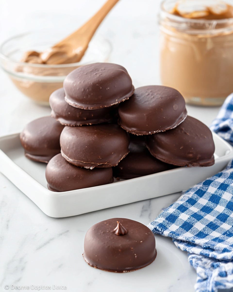 A group of round chocolate-covered treats are stacked on a white rectangular plate, each piece showing a smooth dark brown outer layer with a subtle shiny texture. One treat is placed outside the plate on a white marbled surface, featuring a small swirl detail on top. In the background, there is a glass bowl filled with a light brown spread and a wooden spoon, along with a blue and white checkered cloth in the foreground near the plate. The setting is bright and clean with soft lighting. photo taken with an iphone --ar 4:5 --v 7