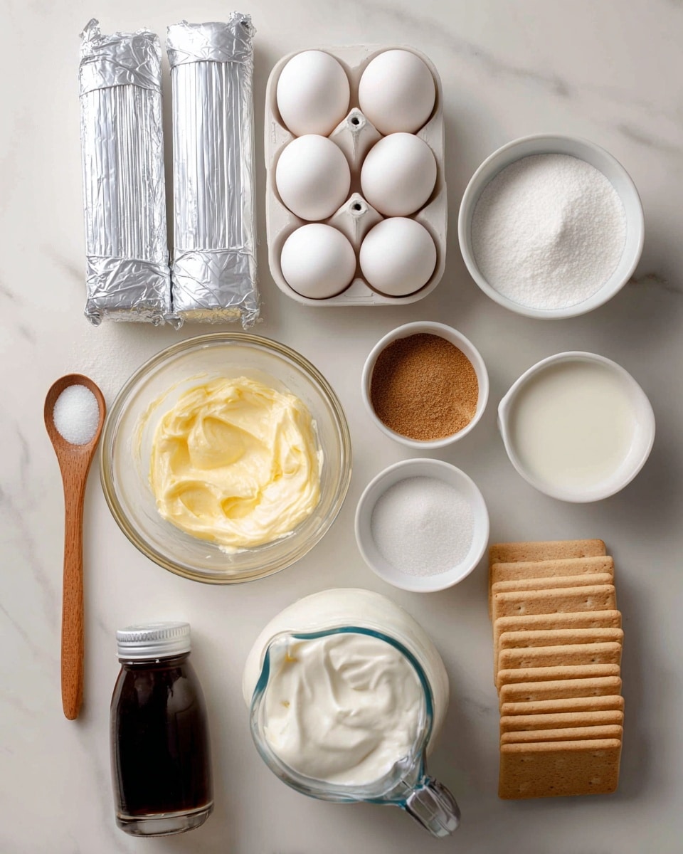 The image shows ingredients neatly arranged on a white marbled surface, including two packages of cream cheese wrapped in silver foil in the top left, four white eggs in a white carton below them, a clear bowl with white sugar next to the eggs, and a wooden spoon with a small amount of white salt in the lower left corner. Above the sugar is a glass measuring cup with melted yellow butter mixed with cream, a small white bowl with brown sugar on the right, and a small white bowl with white sour cream above it. To the right center is a clear glass pitcher filled with milk, a small dark brown bottle of pure vanilla bean paste below it, and a stack of plain light brown rectangular crackers lined up on the bottom right. All items are placed carefully with space around them to show each ingredient clearly. Photo taken with an iphone --ar 4:5 --v 7
