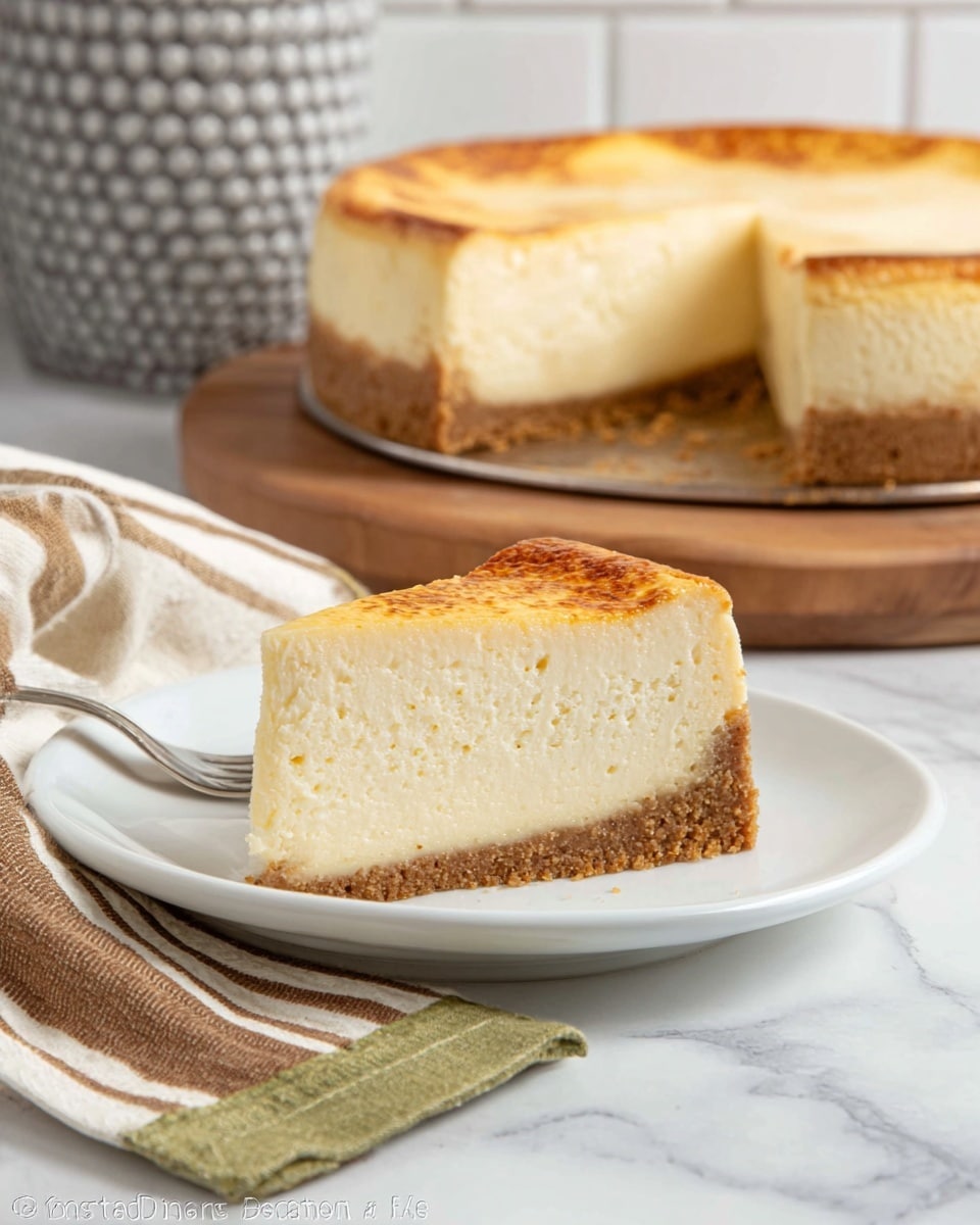 A slice of cheesecake sits on a white plate in the foreground, showing two layers: a thick, light beige creamy layer with a smooth texture topped with a slightly browned, golden caramelized surface, and a dense, crumbly brown crust at the bottom. In the background, the larger cheesecake is visible on a wooden board, revealing the same layers with a clean slice taken out. A folded cloth with beige, brown, and green stripes lies behind the plate on a white marbled surface. A fork rests beside the plate, and the background includes a blurry white tiled wall and a grey honeycomb-patterned object. Photo taken with an iphone --ar 4:5 --v 7