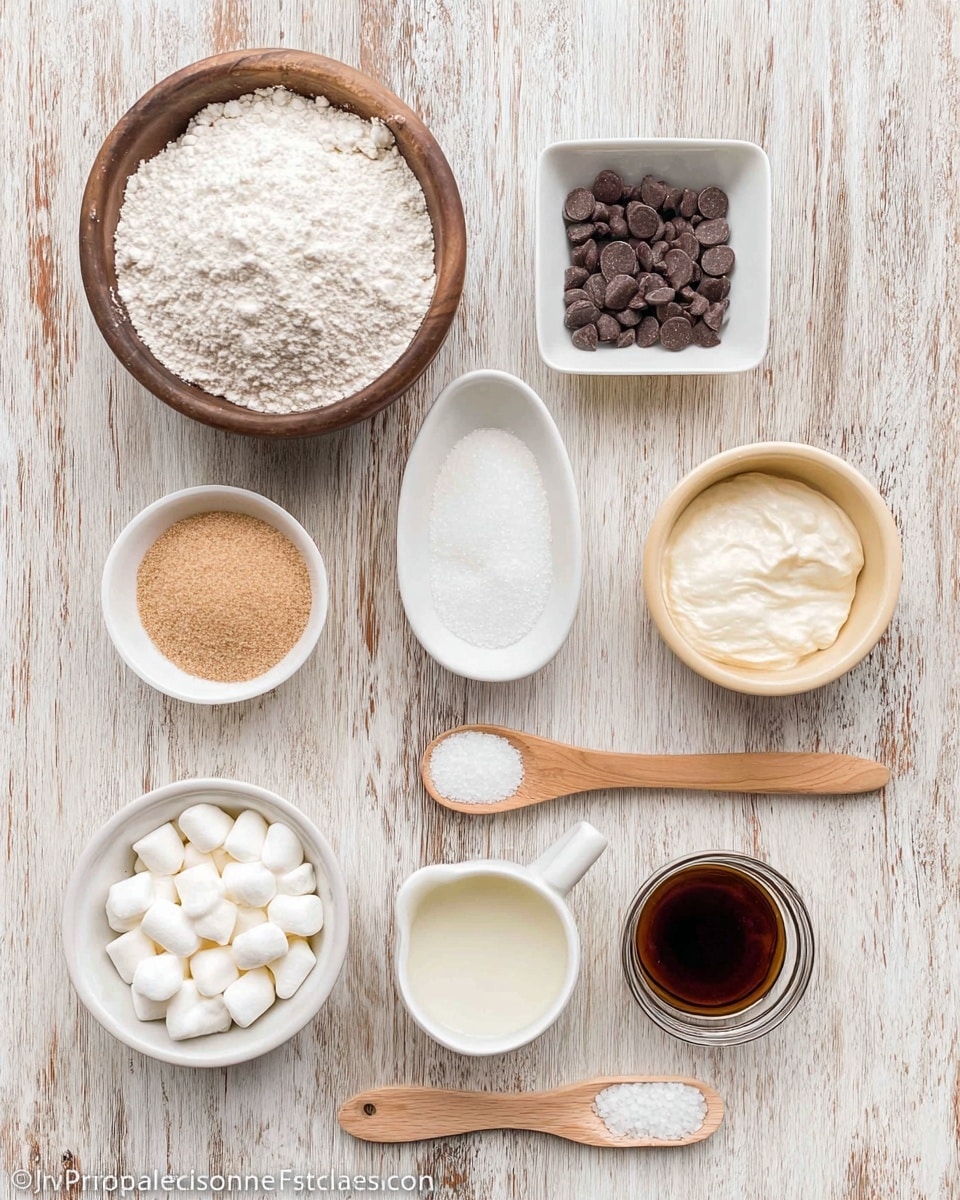 A top view of baking ingredients arranged on a white marbled surface, centered around a clear glass bowl full of small, round golden-brown cookies. Surrounding the bowl are various small clear glass bowls and white containers holding white powdery sugar, light brown cinnamon powder, white fluffy cream cheese, and other ingredients. There is also a wooden spoon with white powder, a small glass container with amber-colored liquid, three white eggs in a green egg holder, and a wrapped block of cream cheese. The colors range from white to golden brown, with a neat, clean layout. photo taken with an iphone --ar 4:5 --v 7