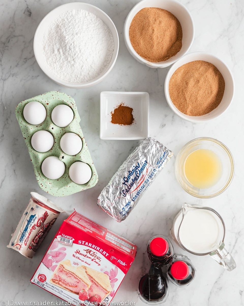 The image shows a flat lay of baking ingredients arranged neatly on a white marbled surface. There is a white bowl filled with white powdered sugar at the top left and another white bowl filled with light brown sugar at the top right. Below them, slightly to the left, are four whole white eggs nestled in a light green egg holder with a speckled pattern. In the center is a small white square dish containing a brown powder, likely cinnamon. Near the middle right is a foil-wrapped block of cream cheese. Below the eggs is a red and white box of strawberry cake mix with a photo of a pink cake slice on it. To the right of the eggs, there is a small clear measuring cup filled with white liquid, probably milk, and next to it is a small clear cup with a yellow liquid, likely oil. Two small bottles of red food coloring and strawberry extract are placed near the bottom right corner. The scene has bright, soft natural lighting. photo taken with an iphone --ar 4:5 --v 7
