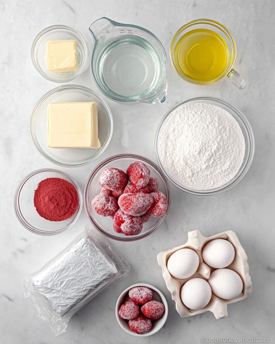 The image shows a top view of nine glass bowls and containers placed on a white marbled surface, each holding different baking ingredients. In the top row, from left to right, there is a small bowl with a pale yellow stick of butter, a transparent measuring cup with clear water, and another measuring cup filled with yellow oil. Below these, a large bowl holds white powdered sugar next to a bowl with bright red frozen strawberries covered with frost. To the left of the strawberries is a small bowl containing fine red powder. Below the powdered sugar bowl is a wrapped block of silver-colored margarine or butter. To the right of that, four white eggs sit in a white ceramic egg holder, and below the eggs is a tiny bowl with three frozen strawberries. Everything is arranged neatly on the white marbled surface, bright and clear in natural light. photo taken with an iphone --ar 4:5 --v 7