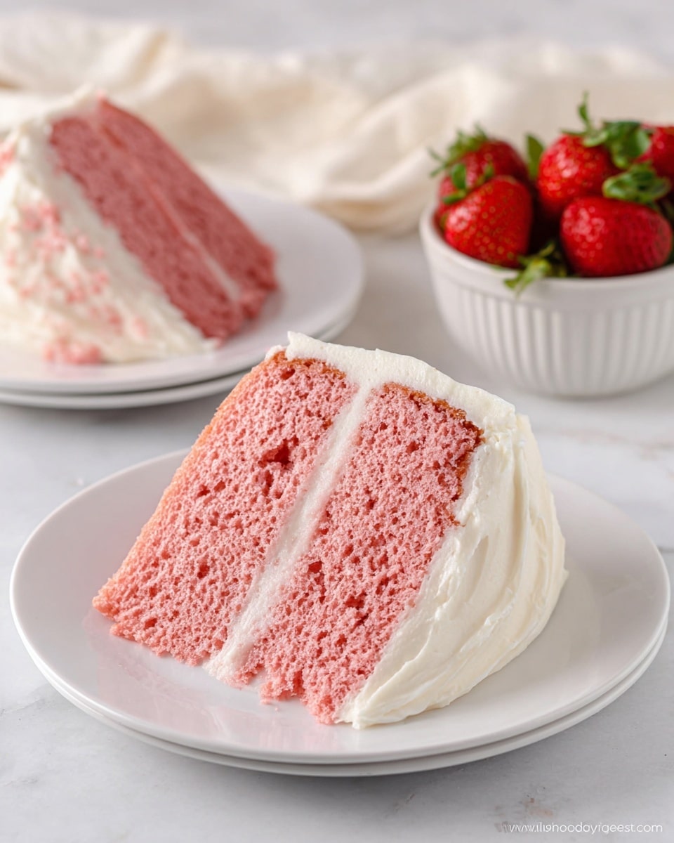 A slice of two-layer pink cake with a moist, soft texture sits on a white plate, each cake layer separated by a thin layer of smooth white frosting. The outside of the cake is covered with the same white frosting, which looks thick and creamy with soft swirls. In the background, there is another slice of the same cake on a white plate and a white bowl filled with fresh bright red strawberries with green leaves. The setting is on a smooth white marbled surface with a soft, light cloth in the upper background. Photo taken with an iphone --ar 4:5 --v 7