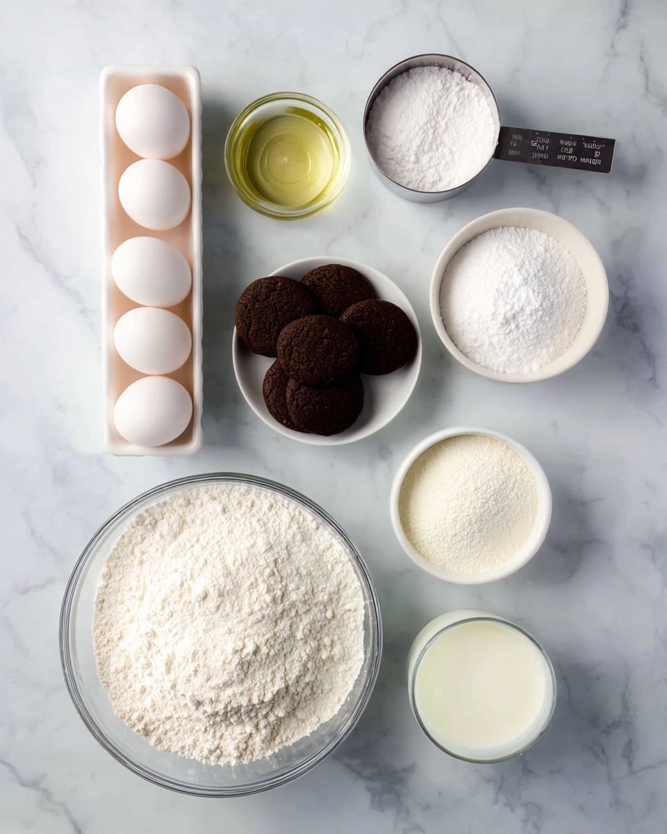The image shows a top view of baking ingredients arranged on a white marbled surface. There is a large clear bowl filled with white flour at the bottom. Above it, a small white bowl holds dark brown cookies. To the left, a white container with six whole white eggs is visible. Near the top left, a clear glass bowl contains a pale golden liquid, likely oil. Centered at the top, a metal measuring cup is filled with white powdered sugar. To the right, two small white bowls are placed one above the other; the top holds a white liquid and the bottom holds a white powder, possibly baking powder. A larger white bowl filled with milk is at the right middle. The arrangement is neat and the colors are mainly shades of white and brown. Photo taken with an iphone --ar 4:5 --v 7
