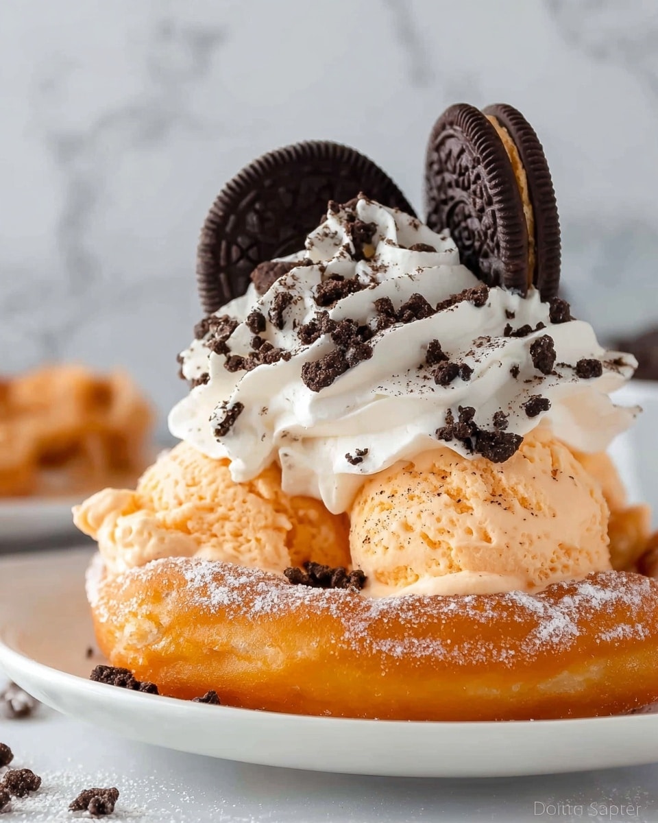 A layered dessert on a white plate with a white marbled background, featuring a golden brown fried dough base dusted with powdered sugar. On top of the dough, there are two scoops of light orange ice cream with a smooth texture. Above the ice cream is a generous swirl of white whipped cream, sprinkled with dark brown crushed cookie crumbs. Two whole dark brown sandwich cookies are placed upright on either side of the whipped cream, adding contrast to the light colors of the ice cream and cream. The photo taken with an iphone --ar 4:5 --v 7