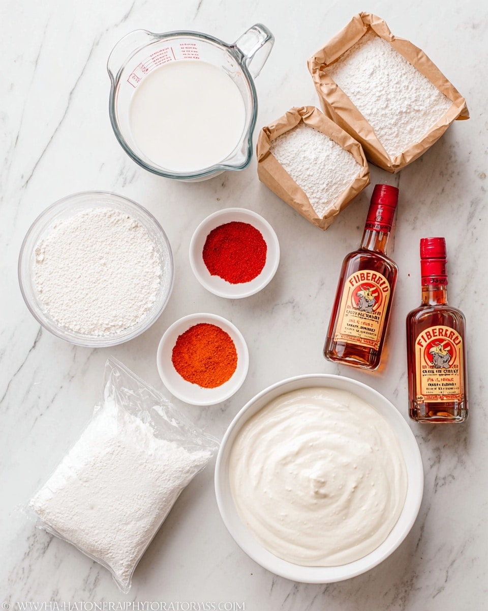The image shows several baking ingredients arranged on a white marbled surface. There is a clear measuring cup filled with white milk near the top left. Two small white bowls contain red and orange powders, placed side by side near the bottom left. Two small brown paper bags are filled with white flour and are set near the top right. Two small glass bottles with red caps, labeled Fireball cinnamon whisky, are placed diagonally towards the right center. At the bottom right, there is a white bowl filled with smooth, white cream or frosting. A plastic bag with white powder, possibly flour or sugar, is seen at the bottom left. The overall arrangement is neat and bright, highlighting the ingredients clearly. photo taken with an iphone --ar 4:5 --v 7