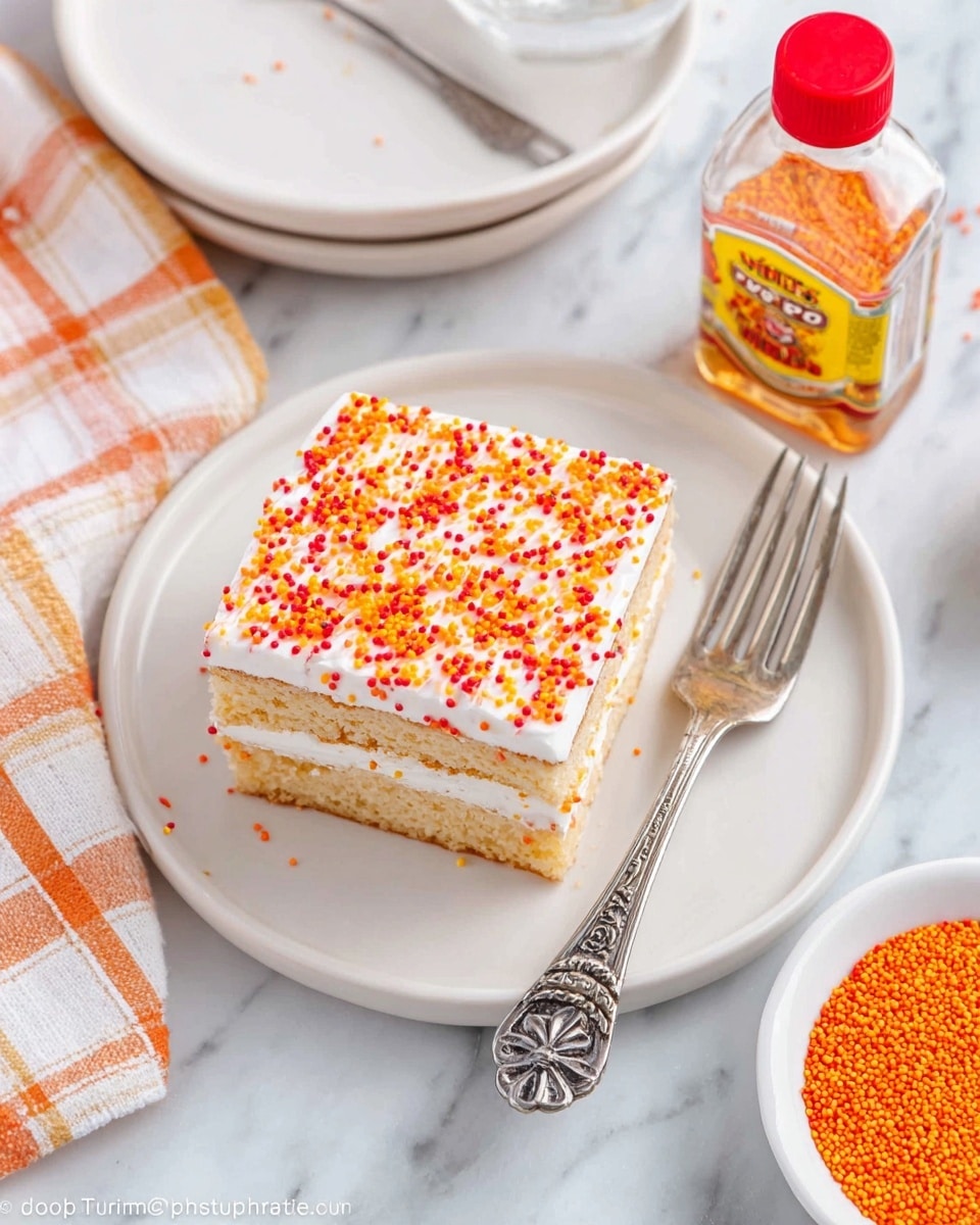 A square slice of layered cake sits centered on a white round plate, topped with a thick, smooth layer of white frosting covered in orange and red sprinkles. The cake itself shows visible layers beneath the frosting, a light beige color with a moist texture. To the right of the plate is a silver fork with an ornate floral handle, and next to it is a small clear bottle with a red cap and yellow-orange label. In the lower right corner, part of a white bowl filled with fine orange sprinkles is visible. The scene is set on a white marbled surface with a white and orange checkered cloth partially visible on the left. photo taken with an iphone --ar 4:5 --v 7