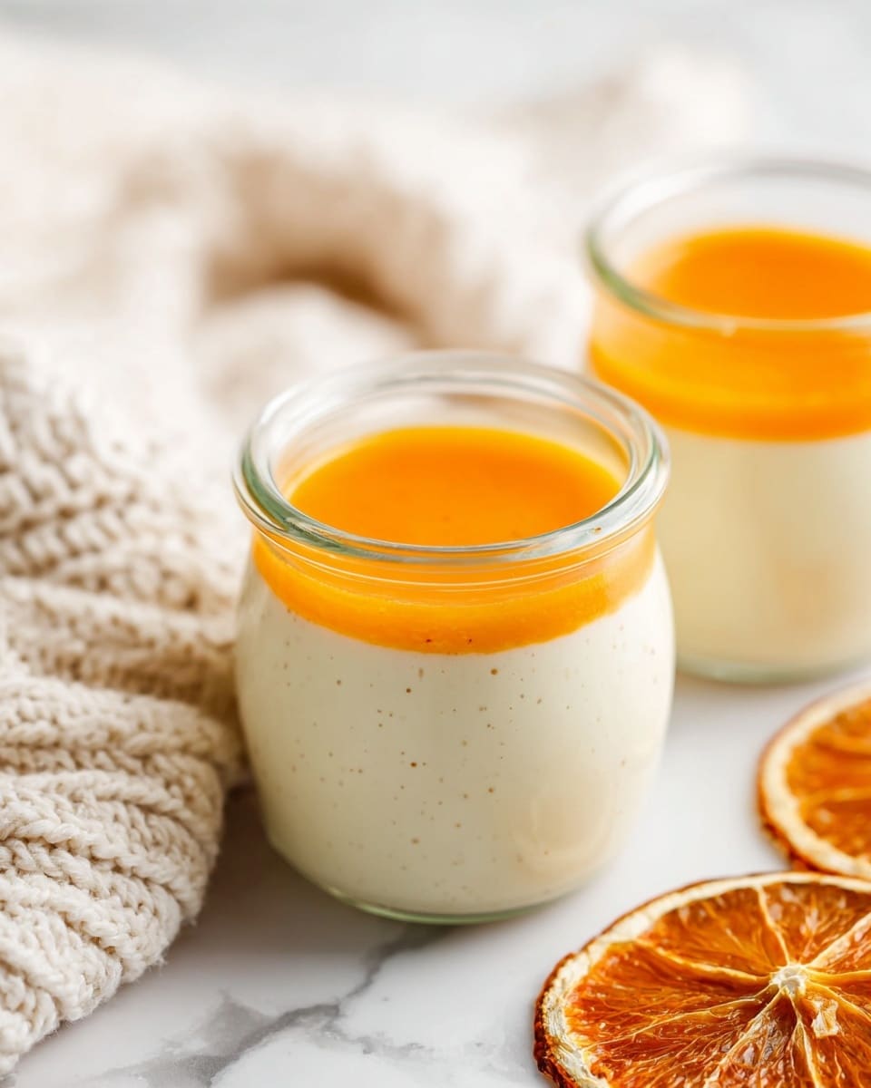 The image shows two small clear glass jars filled with a smooth, creamy white dessert that has tiny vanilla specks throughout, creating the first thick layer. On top of the white layer is a thin, even layer of bright orange sauce, giving a shiny, smooth texture. The jars are placed on a white marbled surface next to a knitted cream-colored cloth and two dried orange slices. The overall look is fresh and light with soft natural lighting in the image. photo taken with an iphone --ar 4:5 --v 7