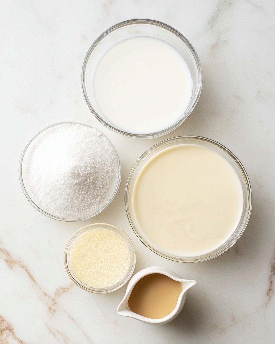 Five clear glass bowls are placed on a white marbled surface, each filled with a different ingredient. At the top center is a large bowl of pure white liquid. To the right and slightly below it is another large bowl filled with a pale cream liquid with a smooth surface. Below that bowl and slightly left is a medium bowl holding fine white granulated sugar. To the left of the sugar bowl is a smaller bowl containing a light yellow powder. Above that is a uniquely shaped small bowl with a spout, filled with a light brown liquid. The arrangement forms a loose circle with balanced spacing photo taken with an iphone --ar 4:5 --v 7