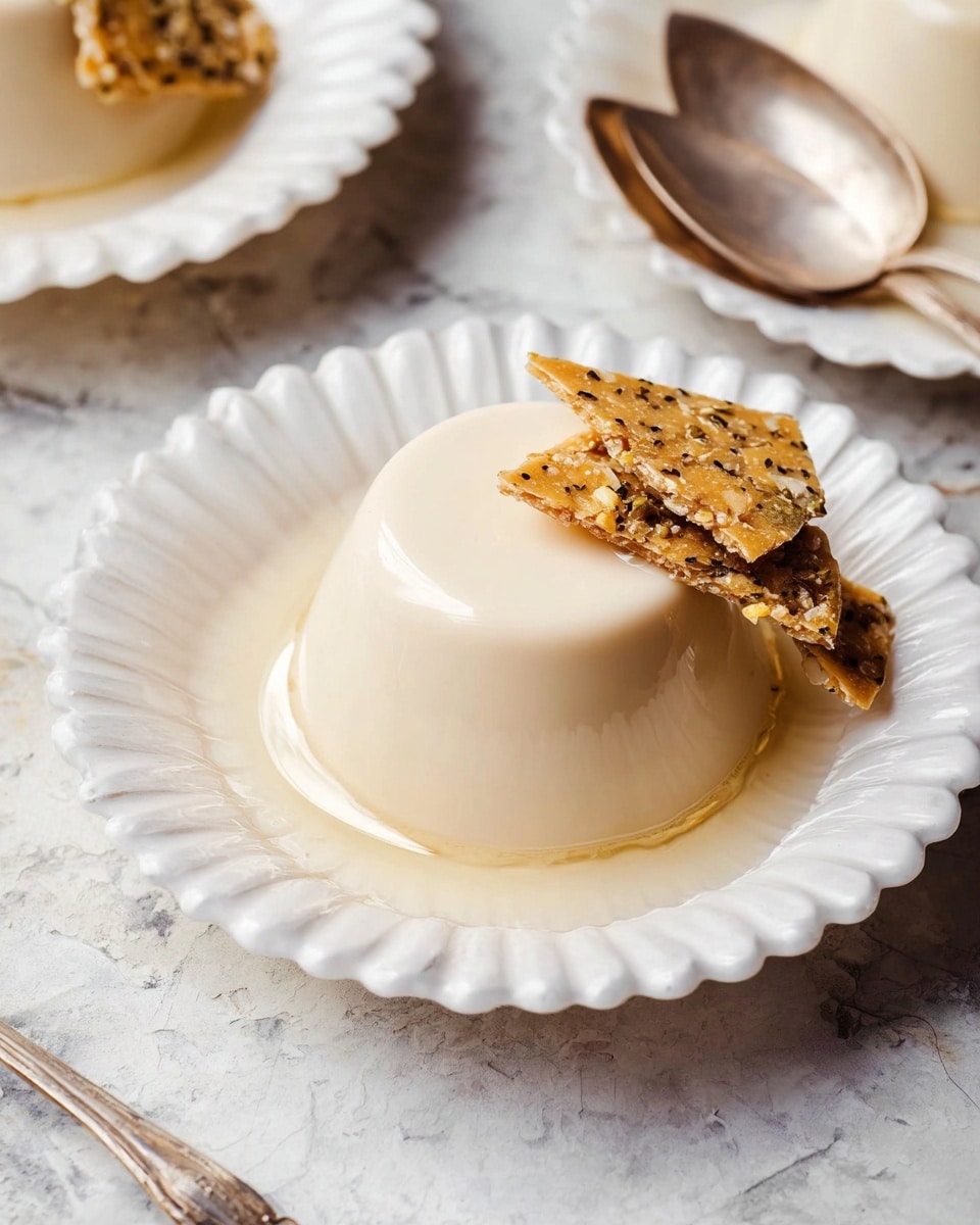 A single, smooth, light beige panna cotta sits in the center of a white scalloped plate, with a shiny, creamy texture and gentle curves. Leaning against it are two pieces of thin, golden brown brittle with specks of nuts, adding texture and contrast. The scene has a white marbled surface beneath, with another similar panna cotta and a vintage silver spoon partially visible nearby. The lighting is soft, highlighting the panna cotta's glossy surface and the brittle's crunchiness. photo taken with an iphone --ar 4:5 --v 7