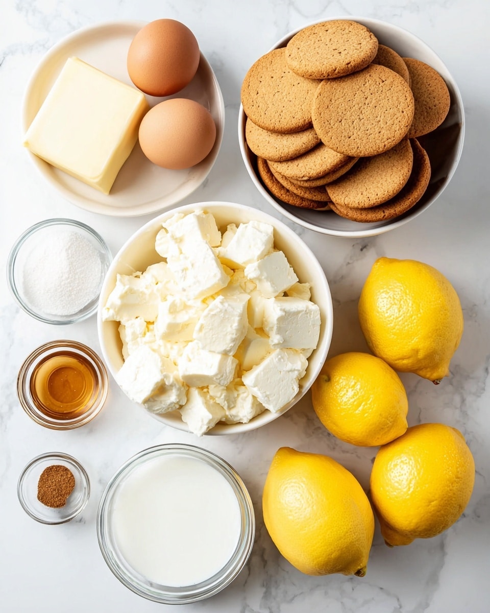 The image shows a collection of ingredients neatly arranged on a white marbled surface. At the center, a white bowl filled with white cream cheese chunks. To its right, three bright yellow lemons rest on the surface. Above, a white bowl contains many round light brown cookies stacked on each other. To the top left, three brown eggs lie near a small white plate holding a pale yellow block of butter. Below, a clear jar with smooth white sugar, a small white bowl of fine white sugar, a small glass container of light brown liquid, and a tiny bowl with brown spice are placed in a row. The colors are soft and natural, with white, yellow, and light brown tones standing out clearly. Photo taken with an iphone --ar 4:5 --v 7