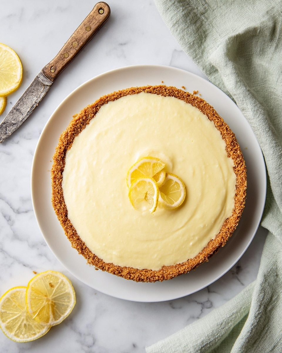 The image shows a round lemon pie with two layers on a white plate. The bottom layer is a golden brown crumb crust, rough and textured. The top layer is a smooth, creamy pale yellow filling, evenly spread to the edges. Three small thin lemon slices are placed in the center on top of the filling. The pie is set on a white marbled surface, with a vintage knife with a wooden handle to the left and extra lemon slices scattered nearby. A soft green cloth is draped softly in the upper left corner. Photo taken with an iphone --ar 4:5 --v 7