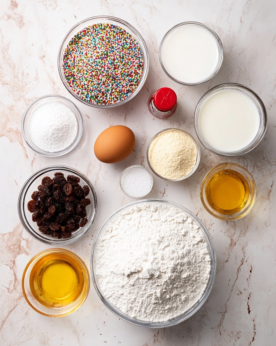 The image shows several clear glass bowls and a white bowl arranged on a white marbled surface, each holding different ingredients for baking. A large white bowl at the bottom right is filled with white flour. Above it, there is a glass bowl filled with multi-colored round sprinkles. Next to the sprinkles is a small bottle of red food coloring. Moving upward, a glass bowl with dark brown raisins is placed near the center. Close to the raisins are a raw brown egg and a glass cup filled with white sugar. To the top right, there is a glass of white milk. Above the egg is a small bowl with white salt. To the left of the raisins, there is a bowl of golden honey and below it, a bowl of clear yellow oil. Near the top left, a large bowl contains white powdered sugar, and just below it is a small bowl of light beige yeast. The whole setup is neatly arranged with good lighting and a clean look, photo taken with an iphone --ar 4:5 --v 7