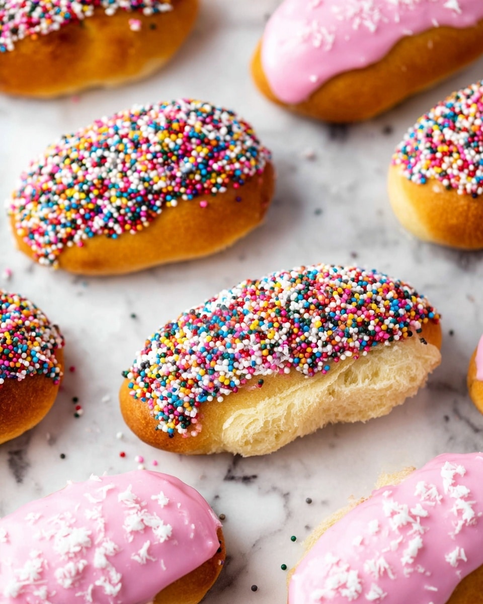This image shows several small oval sweet buns arranged on a white marbled surface. Each bun has a golden brown base with a soft, fluffy texture visible on the exposed inner side. On top, there's a thick layer of pink icing that covers about half the length of the buns. Most buns have colorful round sprinkles densely covering the pink icing, adding bright reds, blues, yellows, greens, and whites, while one bun in the foreground is topped with a lighter pink icing sprinkled with fine white coconut flakes. The buns are placed casually and close to each other, highlighting their smooth, glossy icing and soft bread underneath. photo taken with an iphone --ar 4:5 --v 7