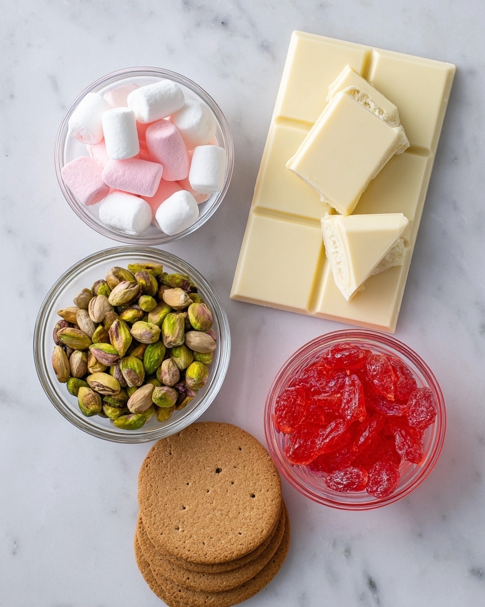The image shows five different ingredients on a white marbled surface: a large white chocolate bar with three broken pieces on top, a clear glass bowl filled with white and pink marshmallows, a clear glass bowl of bright red gummy candies, a clear glass bowl containing green pistachio nuts, and three round brown cookies stacked slightly overlapping. The colors are soft and natural, and everything is neatly arranged. Photo taken with an iphone --ar 4:5 --v 7