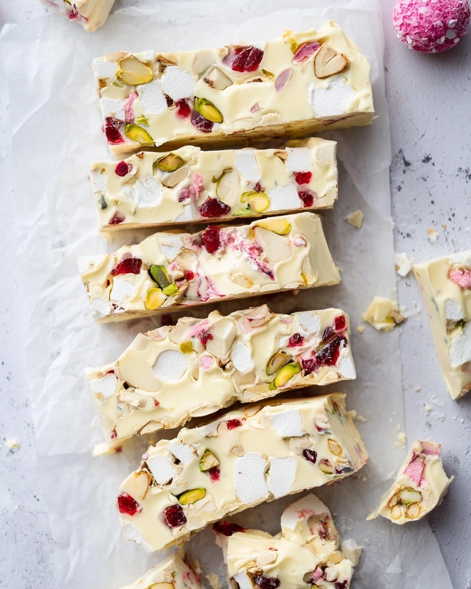 The image shows six uneven rectangular pieces of white chocolate rocky road arranged on white parchment paper layered on a white marbled surface. Each piece has a thick pale yellow layer of white chocolate holding colorful ingredients like bright red jelly chunks, green pistachio nuts, and white marshmallows. The textures vary with smooth chocolate, soft marshmallows, and crunchy nuts, creating a mix of glossy and matte finishes. Some crumbs and loose pieces are scattered nearby, and a pink cracked candy ball is partly visible in the top right corner. photo taken with an iphone --ar 4:5 --v 7