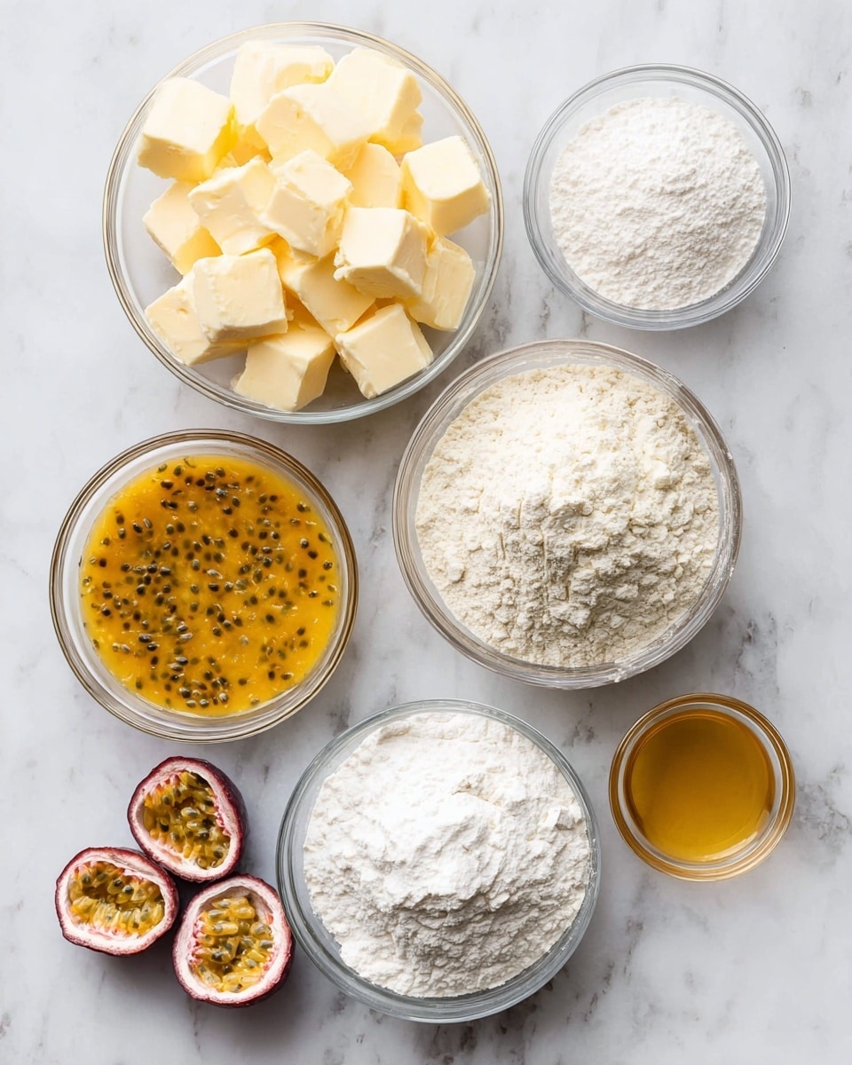 The image shows six clear glass bowls and two halves of a passion fruit on a white marbled background. The top left bowl holds many small cubes of pale yellow butter. The top right bowl contains a fine, white powder, likely powdered sugar. Below the butter bowl is a small bowl with a golden yellow sauce filled with black seeds, resembling passion fruit pulp. In the center is a larger bowl full of off-white flour with a slightly rough texture. At the bottom left is a bowl of white, fluffy powder, which could be cornstarch. Two passion fruit halves are placed near the bottom center, showing bright orange flesh with black seeds inside. On the bottom right is a tiny bowl of clear golden liquid, possibly vanilla extract. photo taken with an iphone --ar 4:5 --v 7