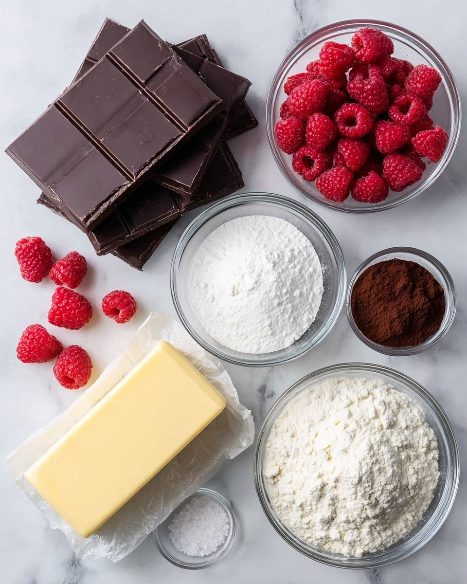 The image shows six ingredients laid out on a white marbled surface: two large dark brown chocolate bars stacked slightly unevenly on the top left, bright red frozen raspberries scattered to the left and bottom right, a rectangular block of pale yellow butter wrapped partially in paper on the bottom left, a clear glass bowl filled with white flour at the top right, a smaller clear glass bowl filled with dark brown cocoa powder just below the flour, a clear glass bowl filled with pure white powdered sugar in the center, and a very small clear glass bowl of coarse salt placed between the butter and raspberries. Photo taken with an iphone --ar 4:5 --v 7