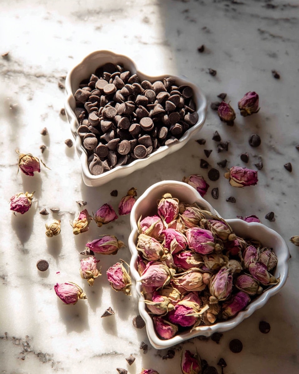 The image shows two white heart-shaped bowls on a white marbled surface. The top bowl is filled with dark brown chocolate chips, some of which spill over the edge, with a few small dried pink rosebuds mixed in. The bottom bowl contains many dried pink and light brown rosebuds, some spilling slightly onto the marble surface. Scattered chocolate chips and rosebuds surround the bowls, with soft natural light creating gentle shadows across the scene. photo taken with an iphone --ar 4:5 --v 7