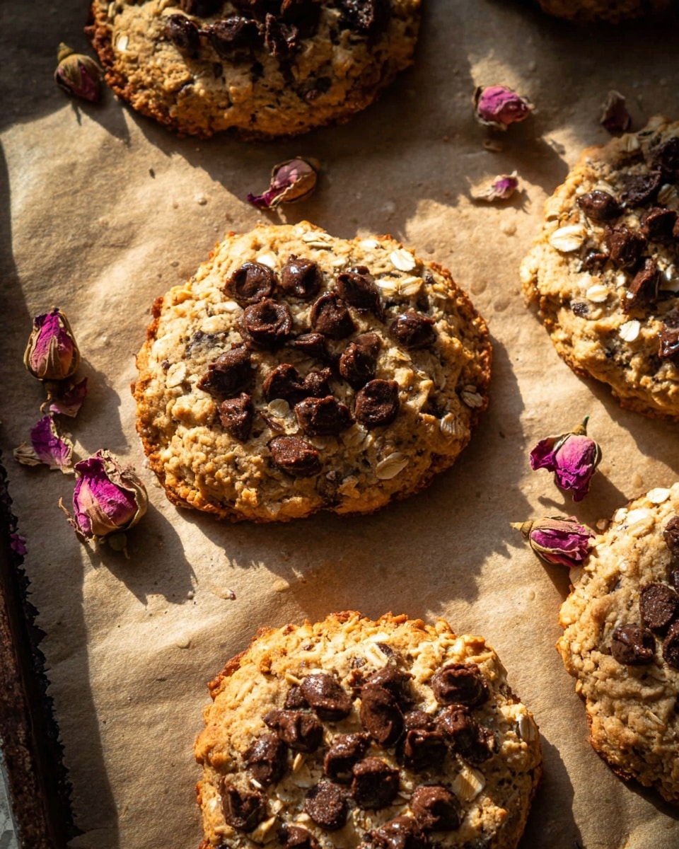 The image shows four round cookies with uneven edges on light brown baking paper, placed on a baking tray. Each cookie has a golden-brown base with a rough oatmeal texture and is topped with clusters of dark brown chocolate chips spread across the surface. The cookies have a slightly cracked and soft texture, with some oats visible among the chocolate chips. Around the cookies, there are a few small dried pink rosebuds scattered on the baking paper. The whole scene is lit with strong natural light, creating deep shadows and warm highlights. photo taken with an iphone --ar 4:5 --v 7