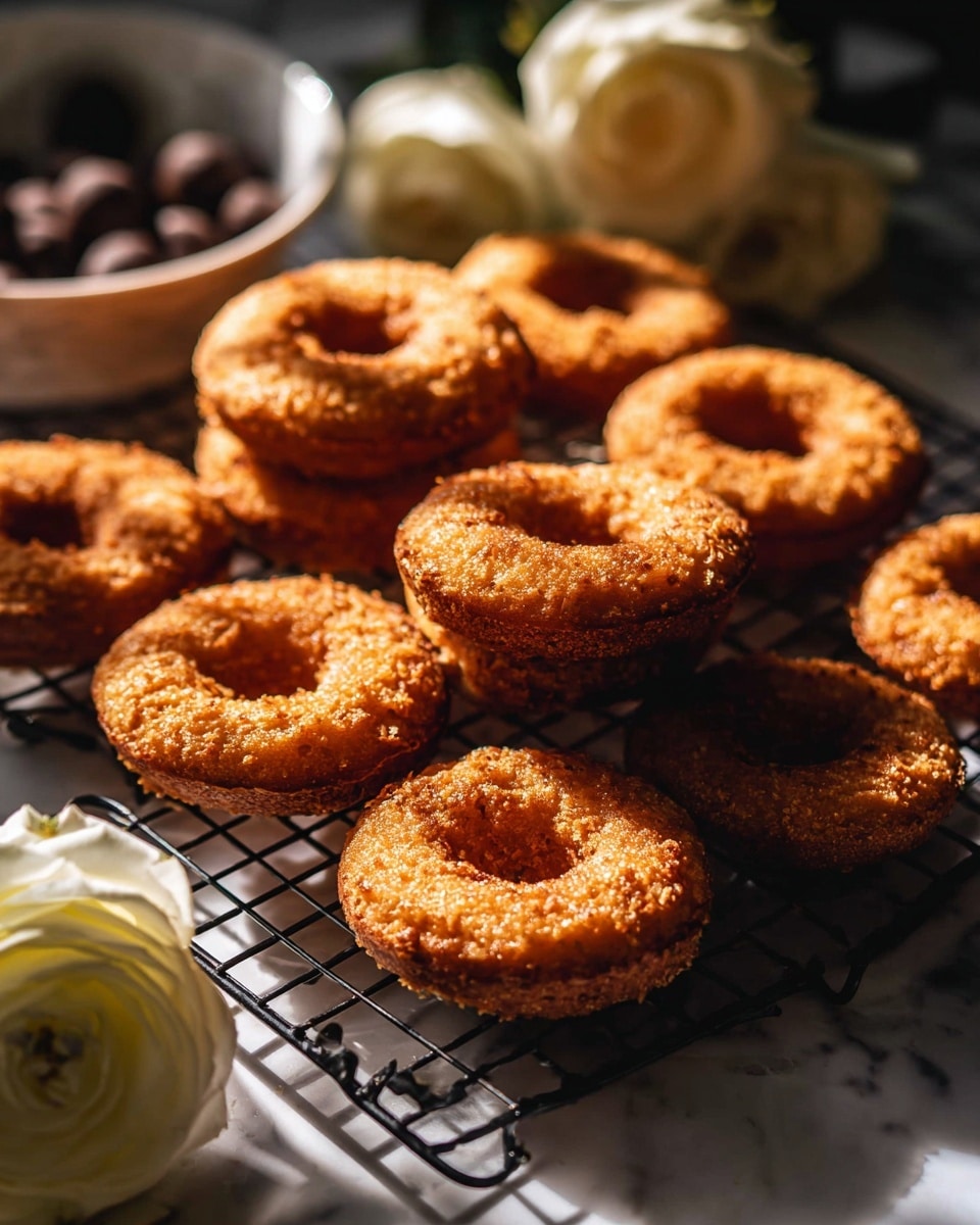 The image shows a group of golden brown donuts with a rough, crispy texture arranged closely on a black cooling rack over a white marbled surface; the donuts are stacked in layers, some resting directly on the rack while others lean on top, catching warm sunlight that highlights their crispy edges. In the background, there are two white roses with detailed petals and a white bowl filled with small dark brown round items, creating a soft contrast to the sharp focus on the donuts. The lighting creates a warm and inviting atmosphere with shadows adding depth to the scene. photo taken with an iphone --ar 4:5 --v 7