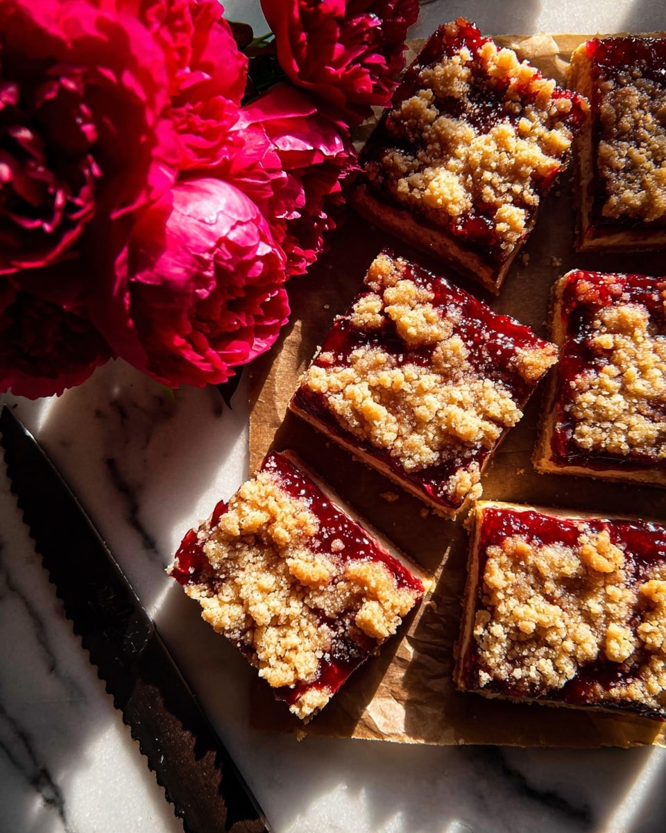 The image shows seven square slices of fruit crumble bars arranged on brown parchment paper placed over a white marbled surface. Each bar has three layers: a golden-brown crumbly top layer with coarse crumbs, a glossy, deep red fruit jam middle layer with visible raspberry pieces, and a light golden bottom crust. The bars are closely placed but not touching. To the left, bright red peony flowers add vibrant color contrast. A dark-handled serrated knife rests at the bottom left corner on the white marbled surface. The light casts warm shadows across the bars and flowers, highlighting their textures and colors. Photo taken with an iphone --ar 4:5 --v 7