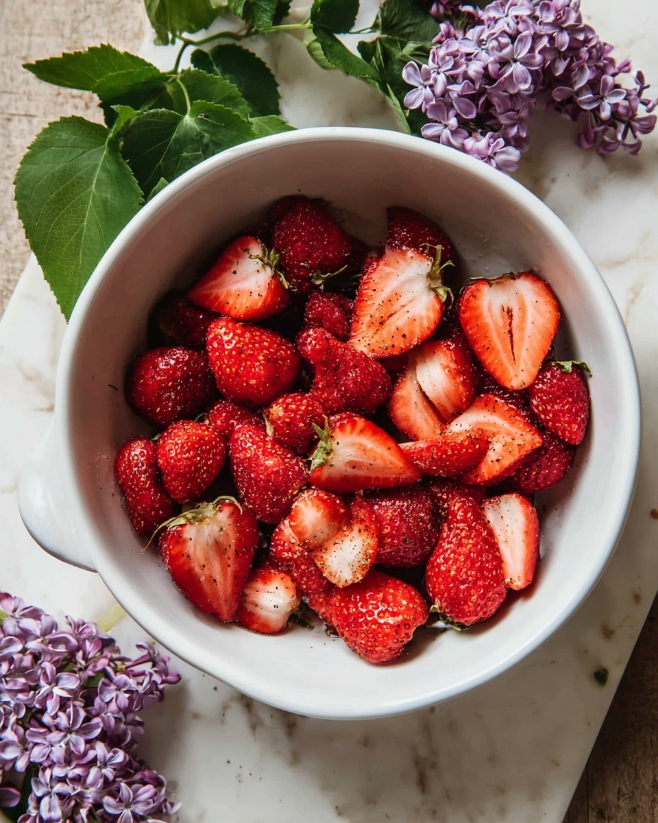 A white bowl filled with bright red strawberries, some whole and some cut in halves showing their juicy inner texture; the strawberries are sprinkled lightly with black pepper, adding small dark specks on top. The bowl sits on a white marbled surface with a few green leaves and purple flowers positioned near the top edge, adding a fresh, natural touch to the scene. photo taken with an iphone --ar 4:5 --v 7