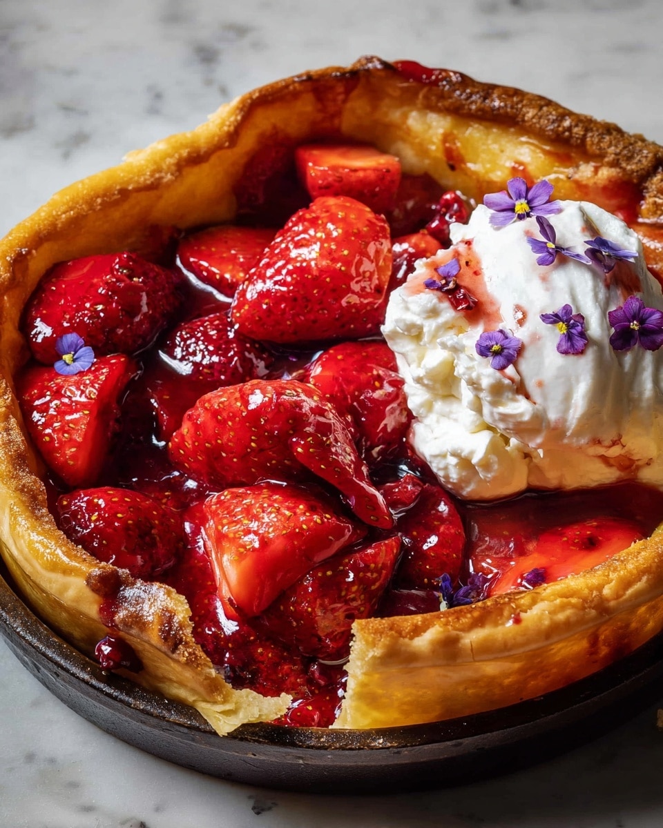 This image shows a deep dish filled with a rustic strawberry tart. The bottom layer is a golden, flaky crust with high edges that curve unevenly around the dish. On top of the crust sits a thick layer of whole and halved strawberries soaking in a vibrant red syrup, making the fruit appear shiny and juicy. On one side, a dollop of white cream spills over the strawberries, topped with small purple edible flowers for decoration. The tart is placed on a white marbled surface. photo taken with an iphone --ar 4:5 --v 7